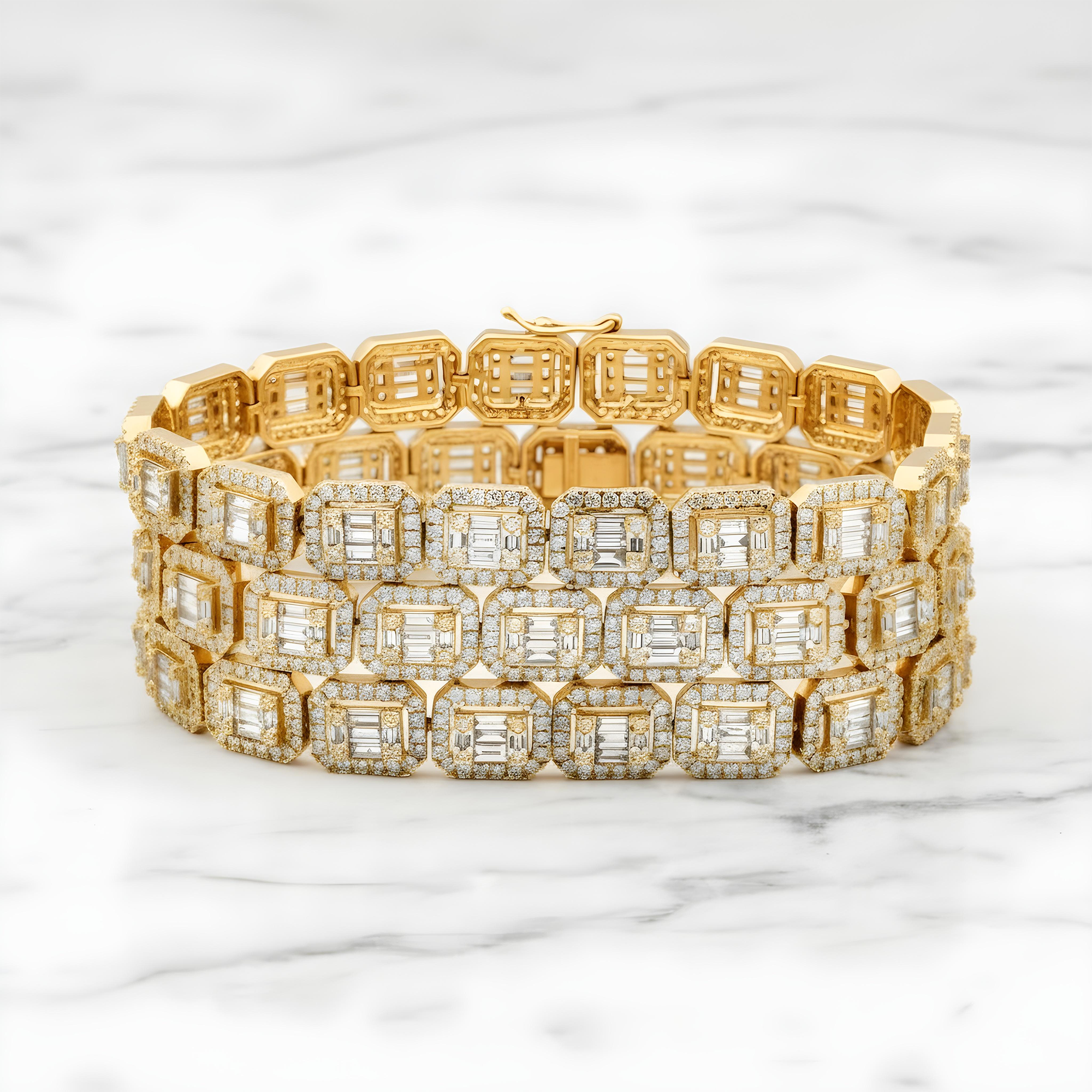 18K White Gold Triple Row Round & Baguette Cut Diamond Bracelet 17.44ct