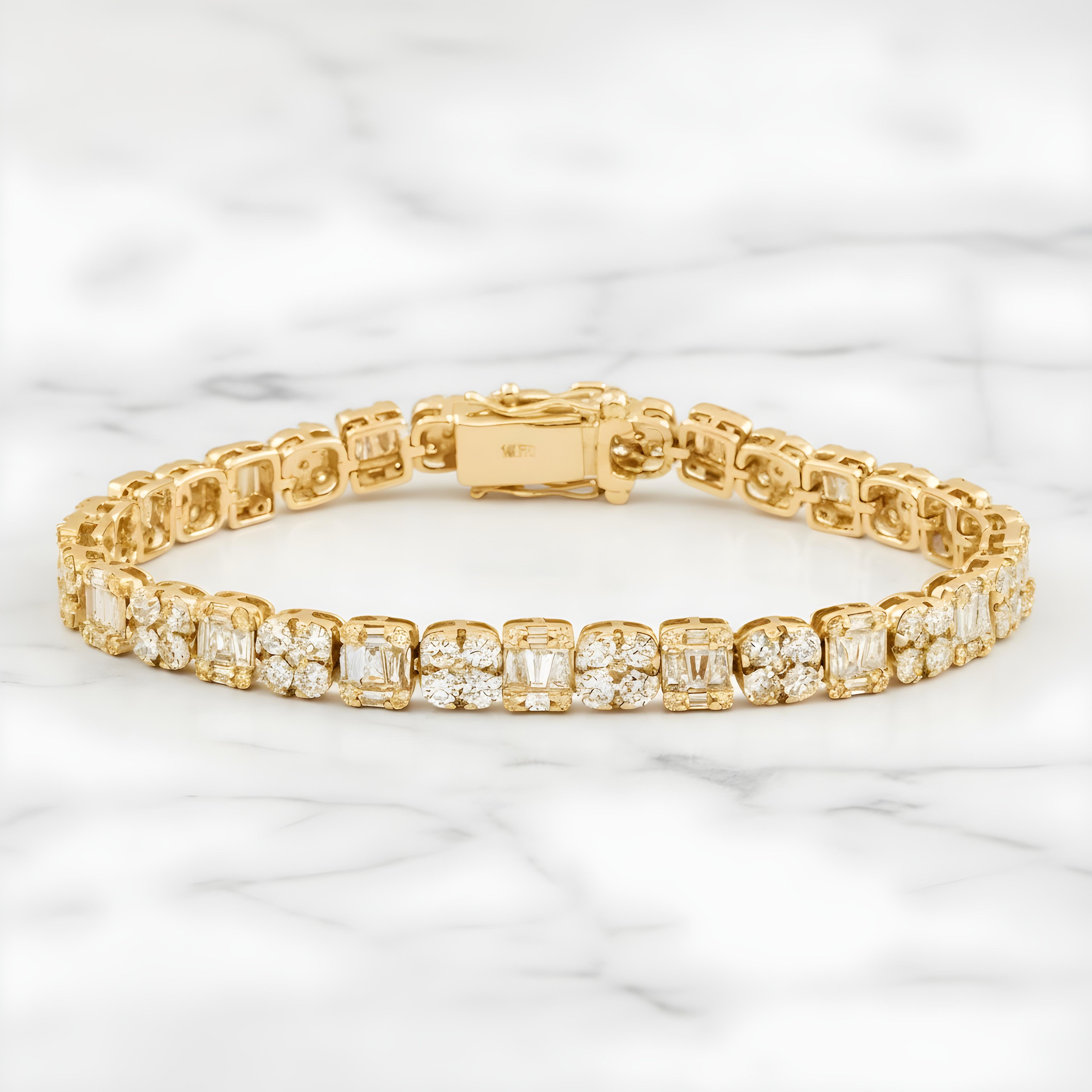 14K White Gold Round & Baguette Cut Diamond Tennis Bracelet 5.37ct