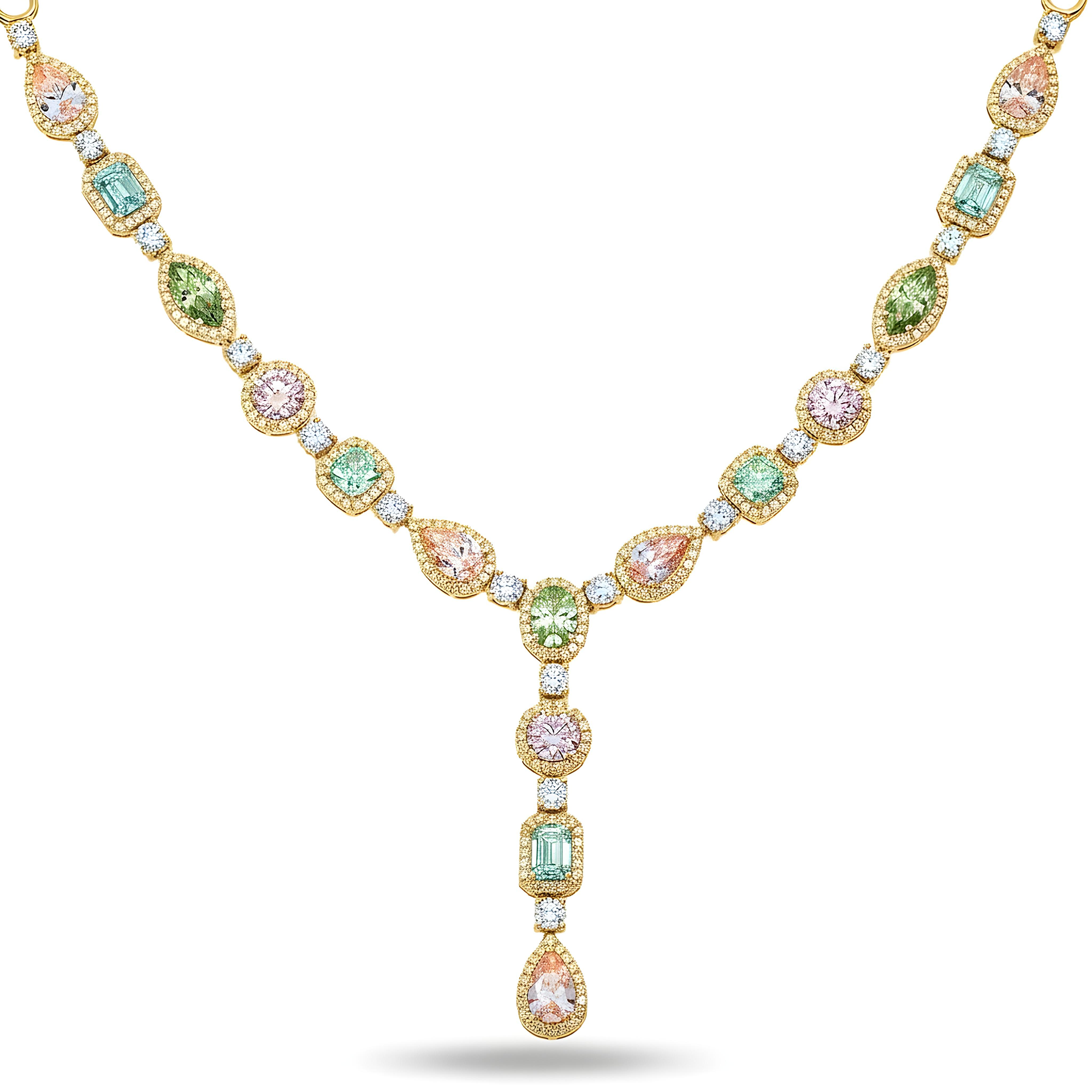 18K White Gold Multi Cut Fancy Color Diamond Drop Necklace 22.94ct (matching set)