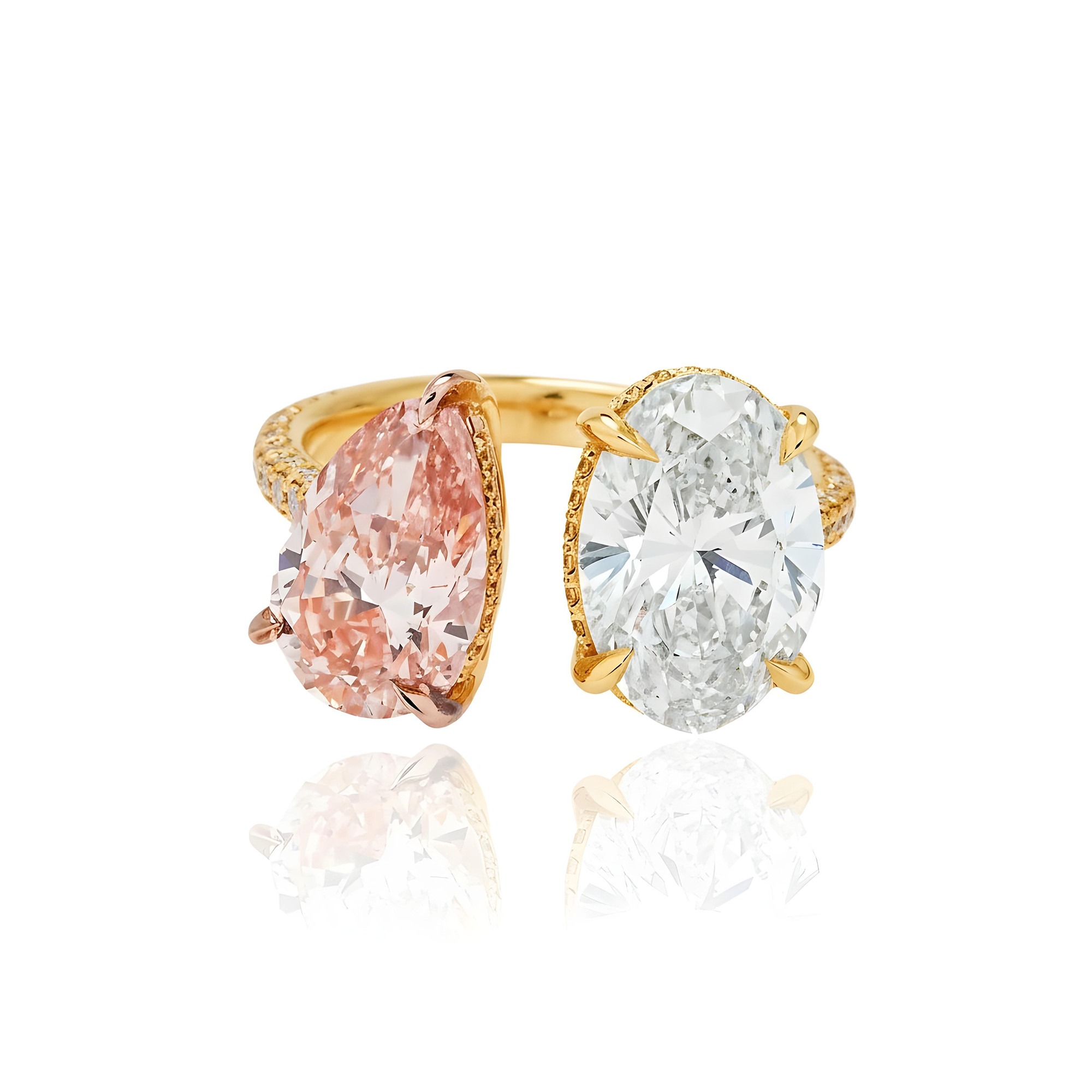 18K White Gold Oval Cut & Fancy Pink Pear Cut Double Diamond Toi et Moi Ring 7.93ctw