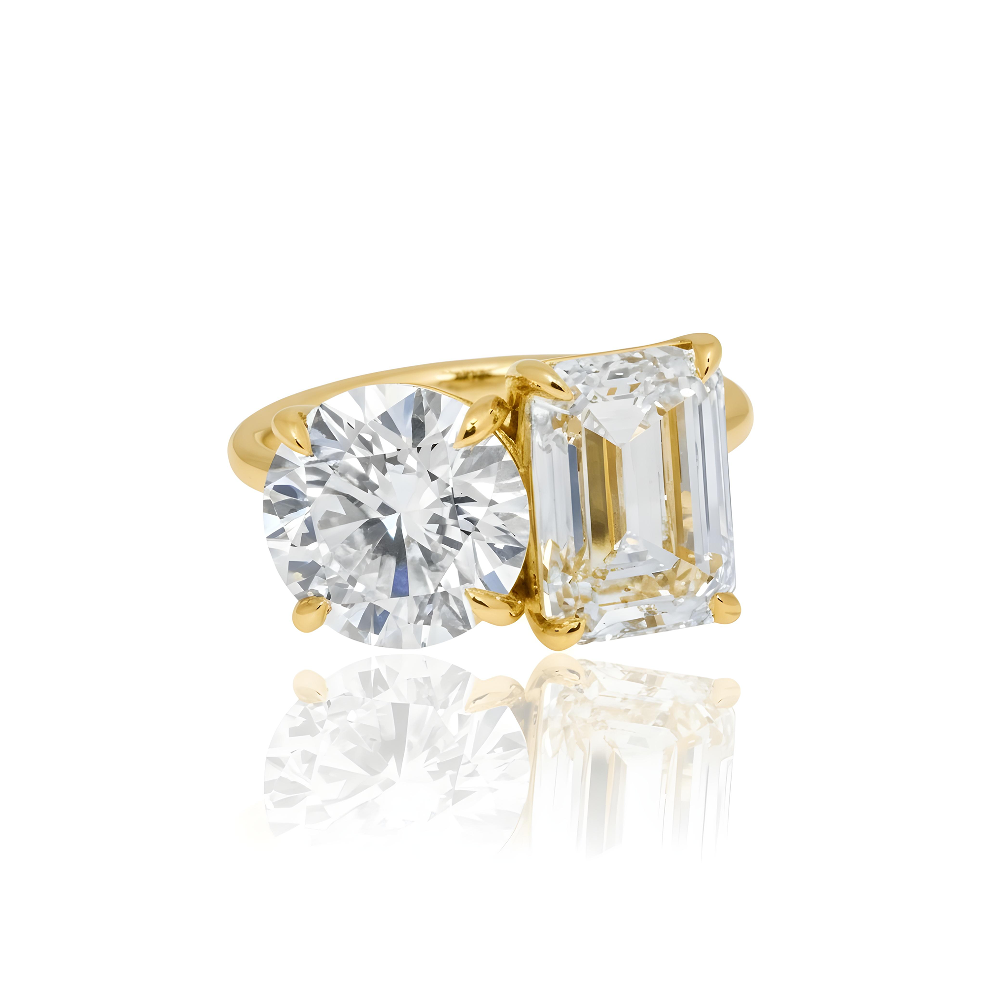 18K White Gold Round & Emerald Cut Double Diamond Toi et Moi Ring 7.52ctw