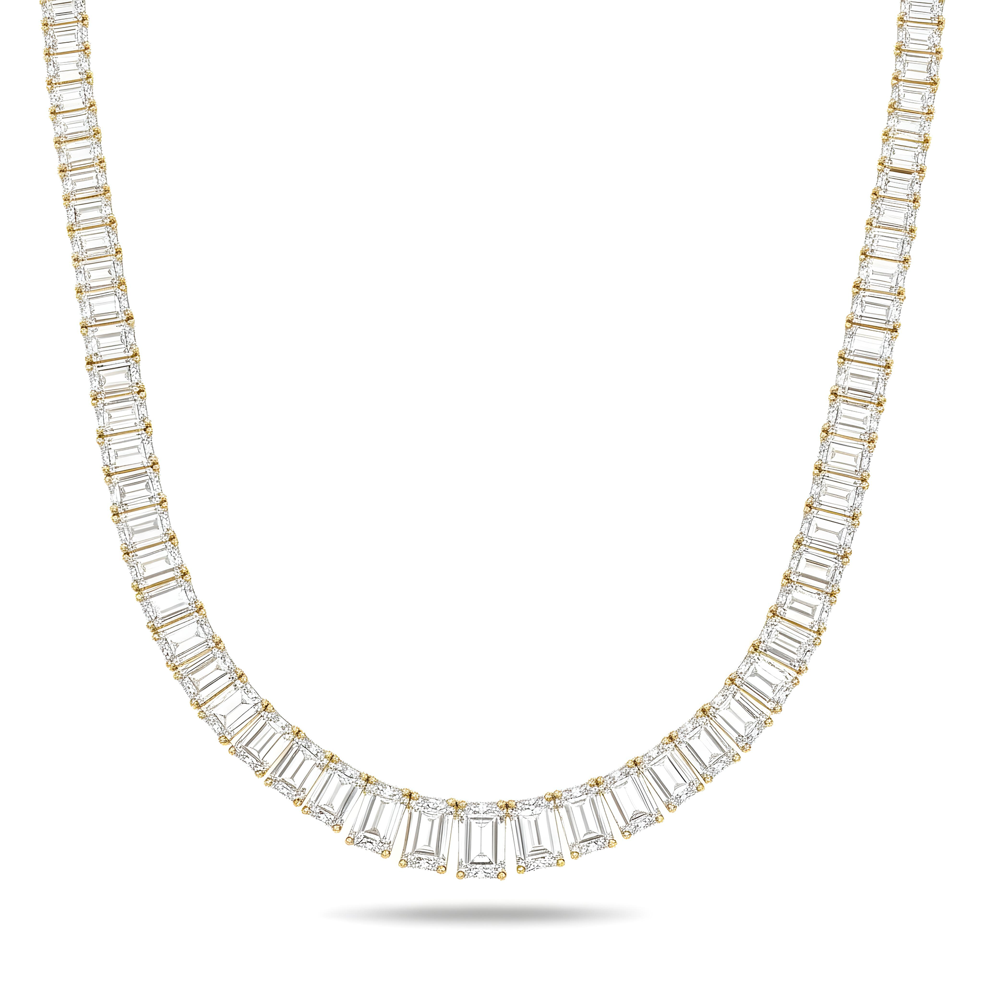 Platinum Graduated Emerald Cut Diamond Tennis Necklace 101.23ct