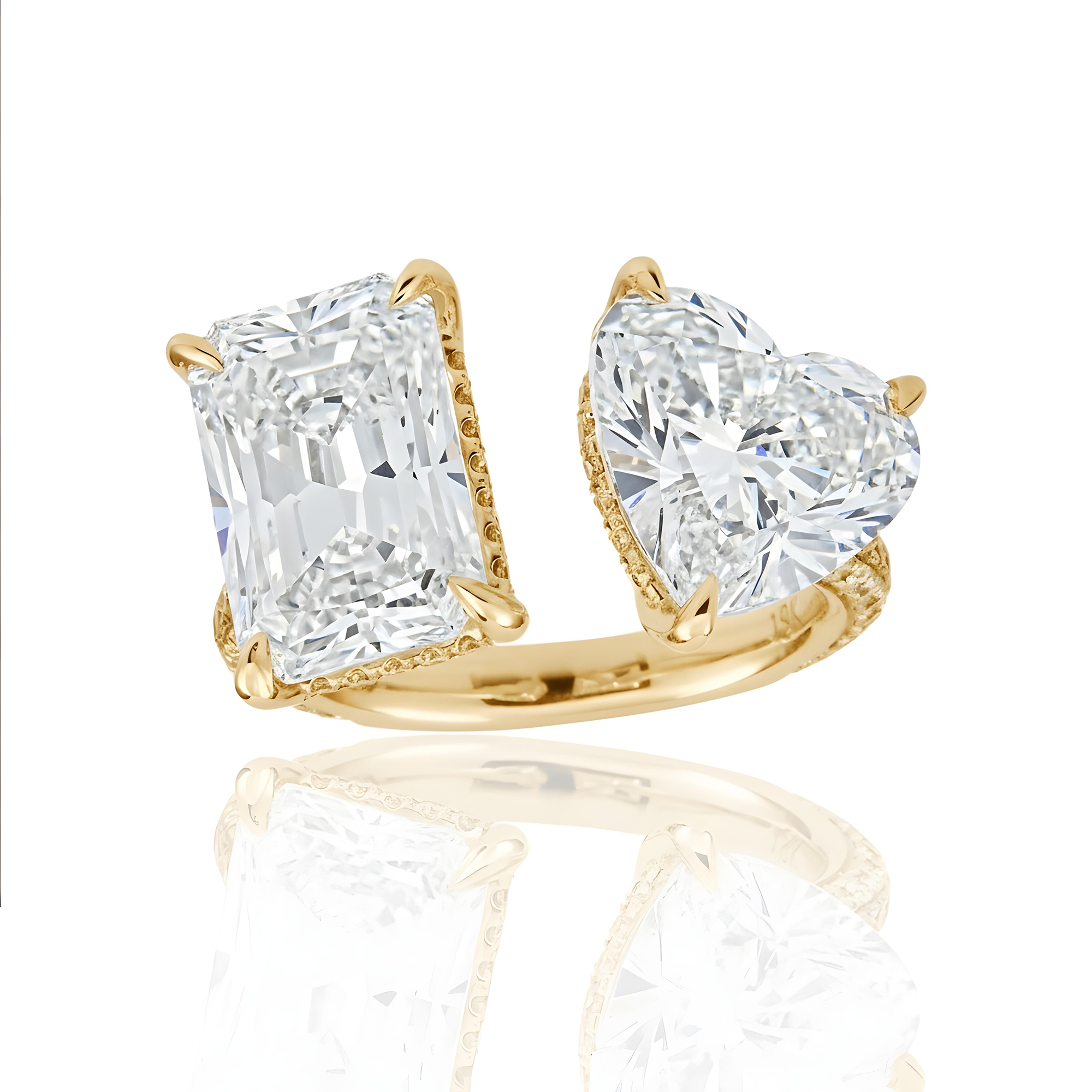 18K White Gold Heart & Radiant Cut Diamond Toi et Moi Ring 8.34ctw
