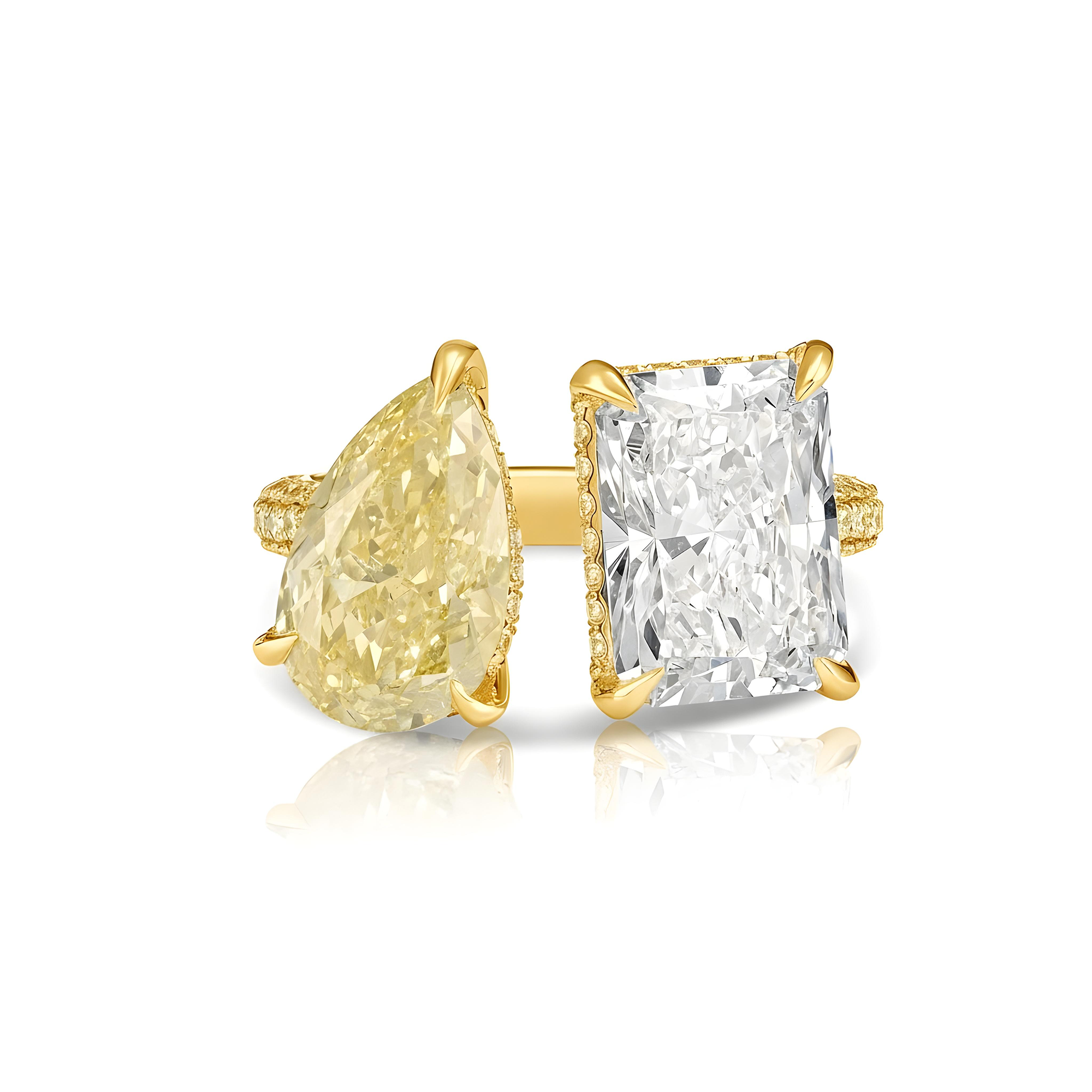 18K White Gold Radiant Cut & Fancy Yellow Pear Cut Diamond Toi et Moi Ring 8.25ctw