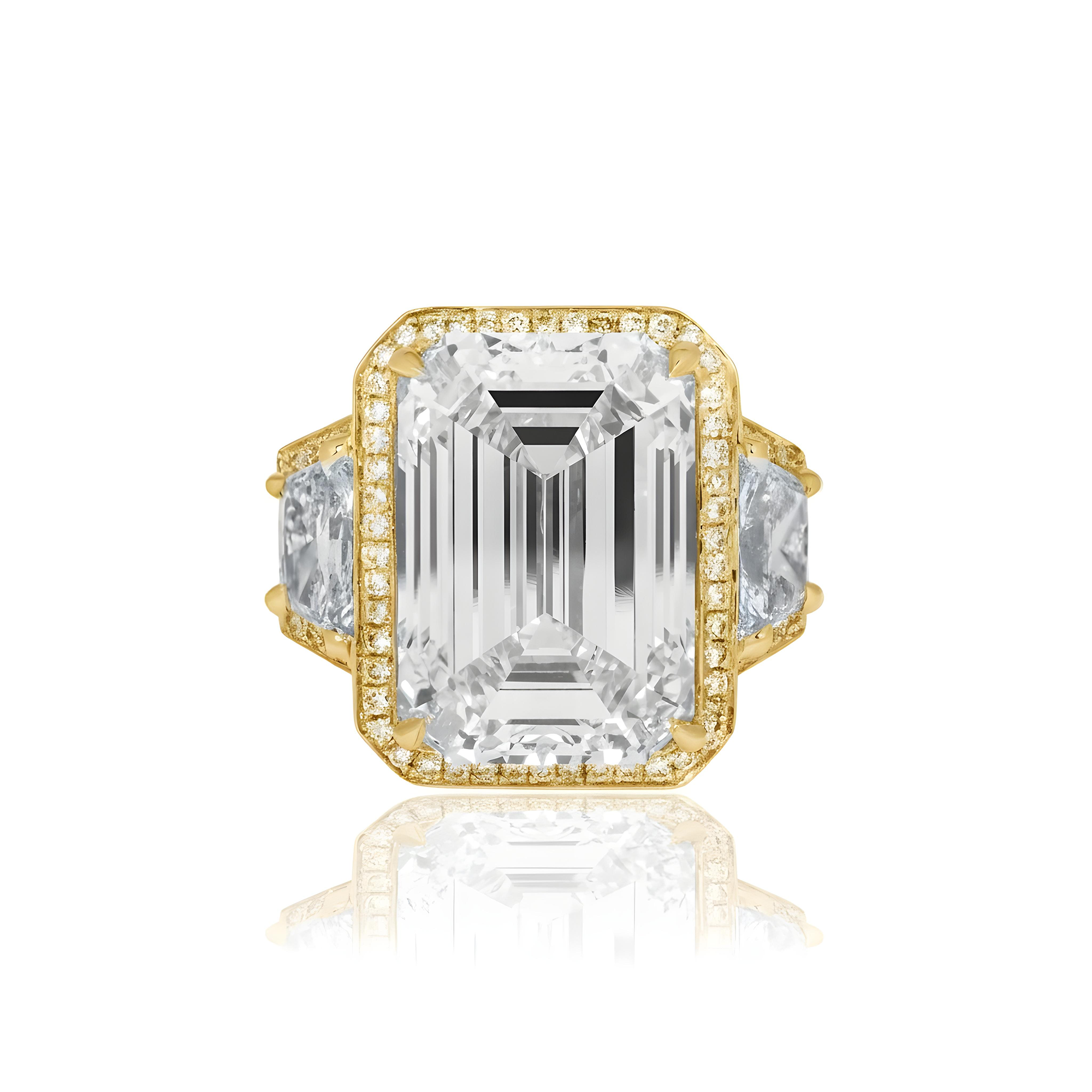 Platinum 12.32ct Emerald Cut Triple Diamond Engagement Ring 15.31ctw