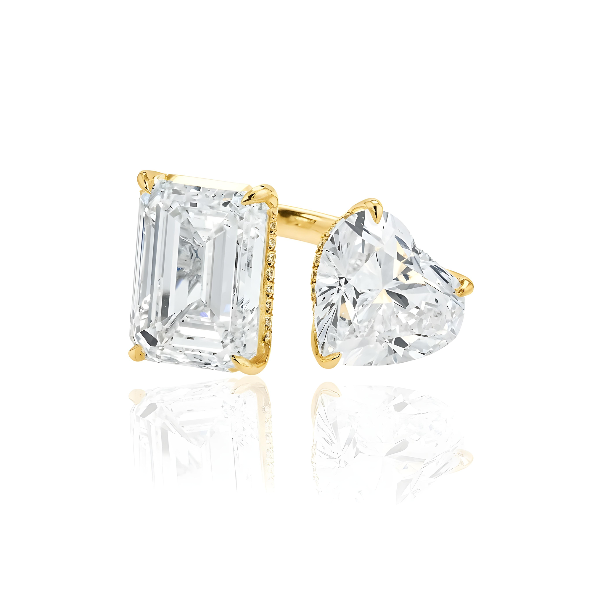 18K White Gold Emerald & Heart Cut Double Diamond Toi et Moi Ring 17.64ctw