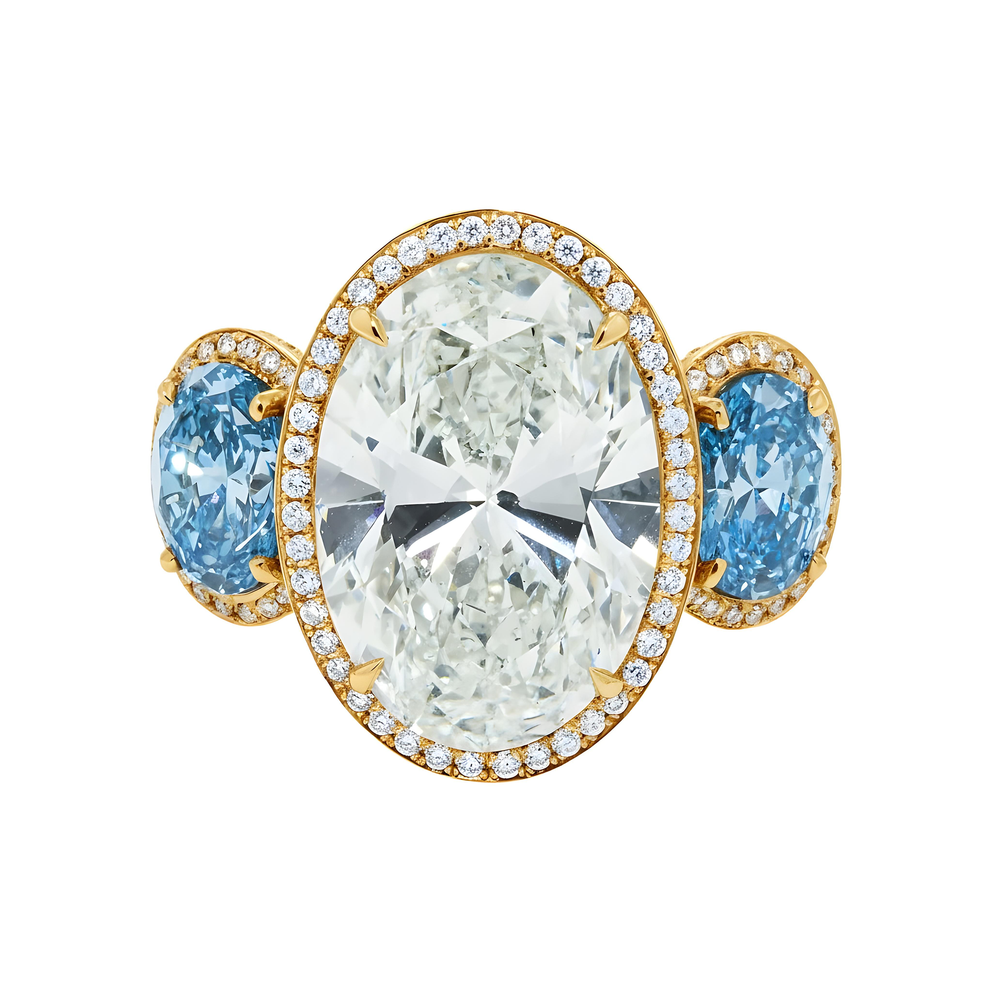 Platinum 13.14ct Oval Cut White & Fancy Blue Triple Diamond Ring 18.15ctw