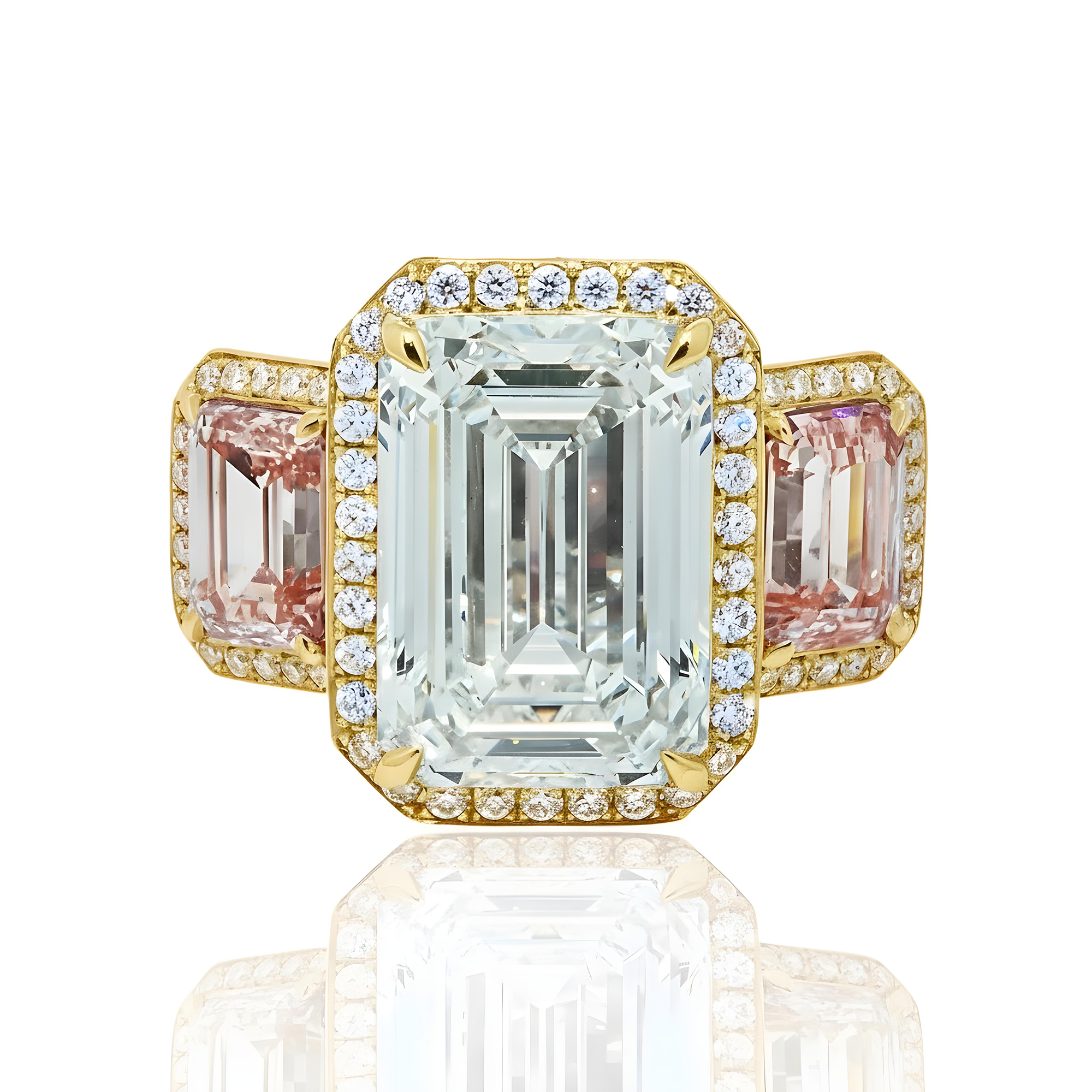 Platinum 10.24ct Emerald White & Fancy Pink Triple Diamond Ring 15.48ctw