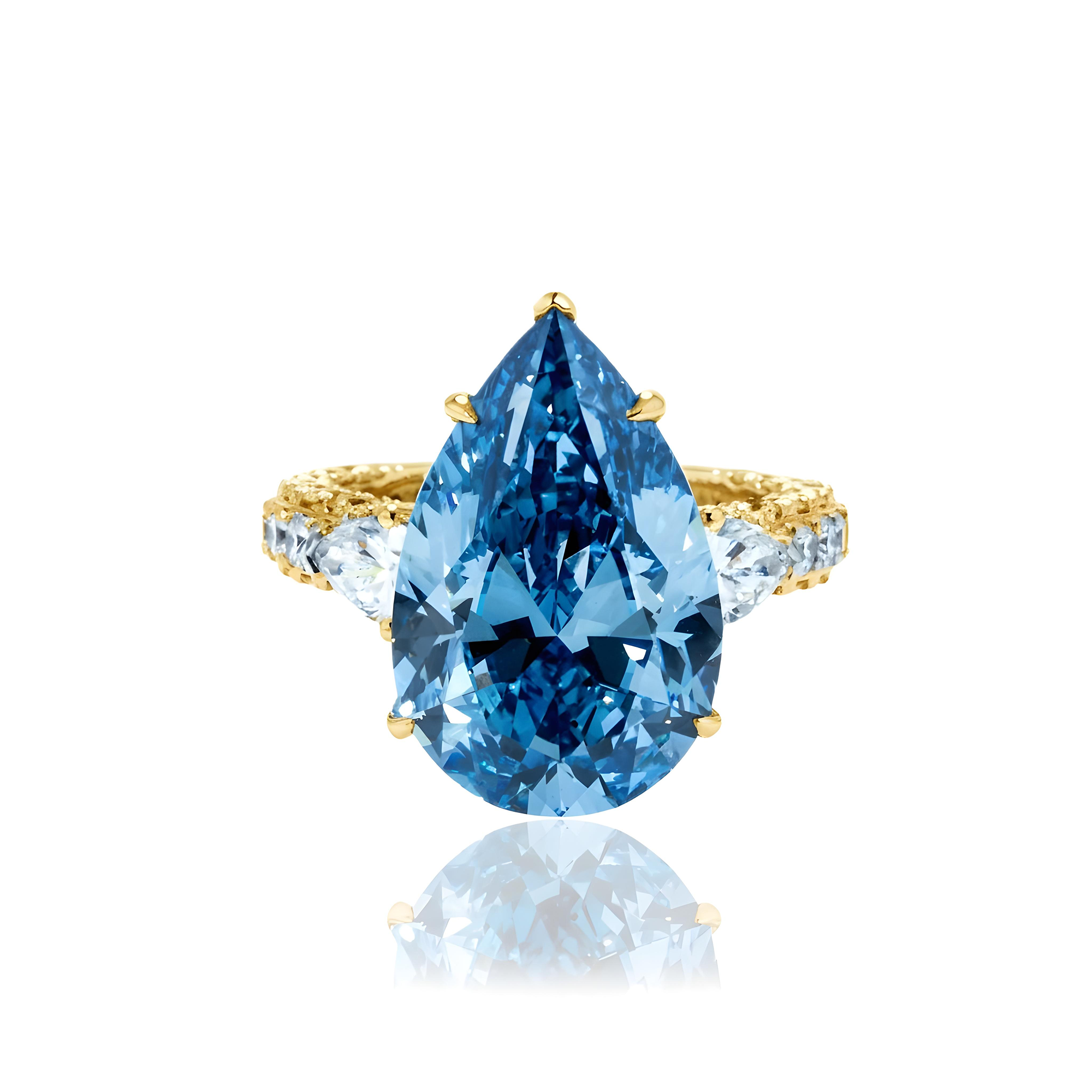 18K White Gold 10.10ct Pear Cut Fancy Blue Vivid Diamond Ring 12.90ctw
