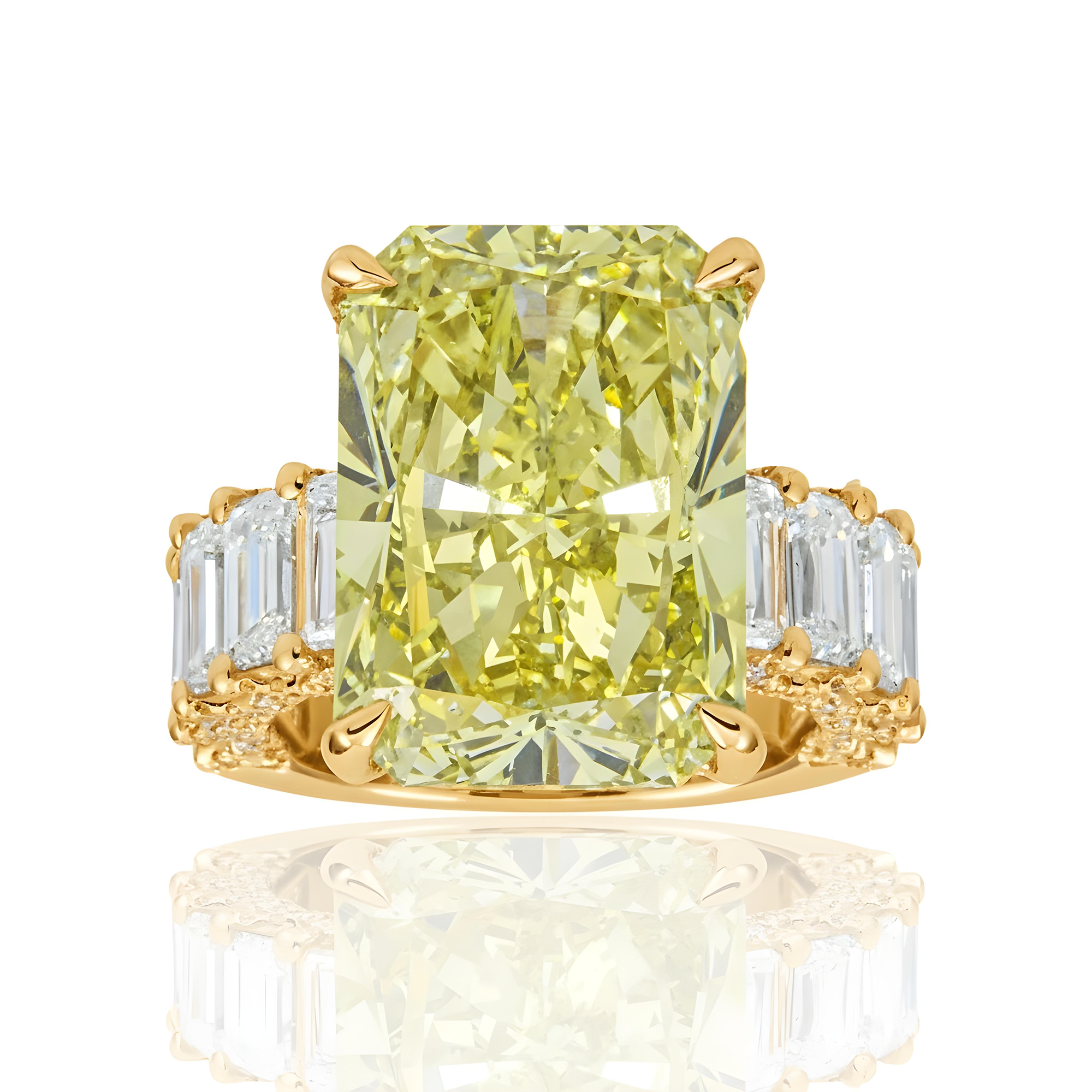 18K White Gold 14.15ct Radiant Fancy Vivid Yellow Diamond Ring 18.42ctw