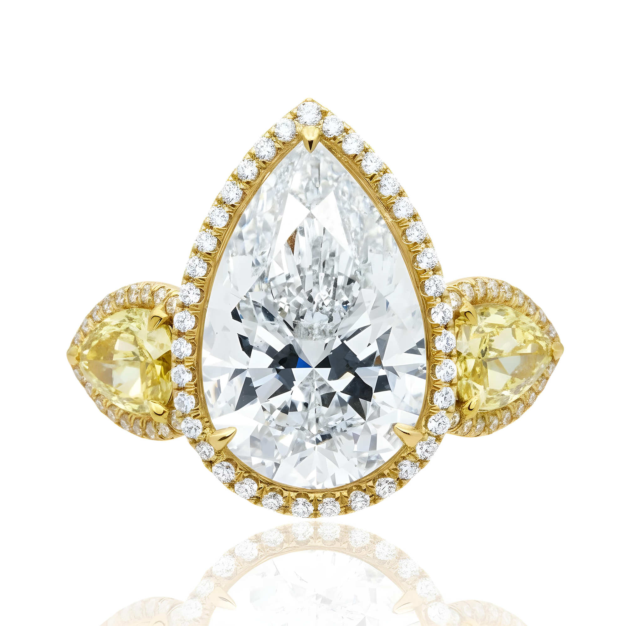 Platinum Triple Pear Cut White & Fancy Yellow Diamond Ring 19.57ctw