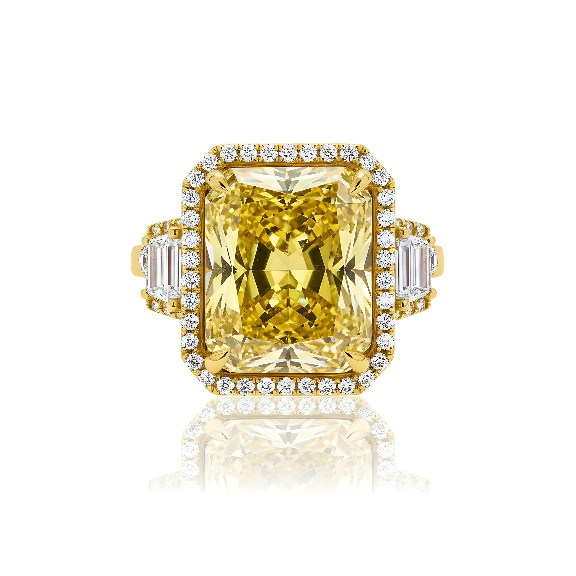 Platinum 12.65ct Radiant Cut Fancy Vivid Yellow Diamond Ring 15.41ctw