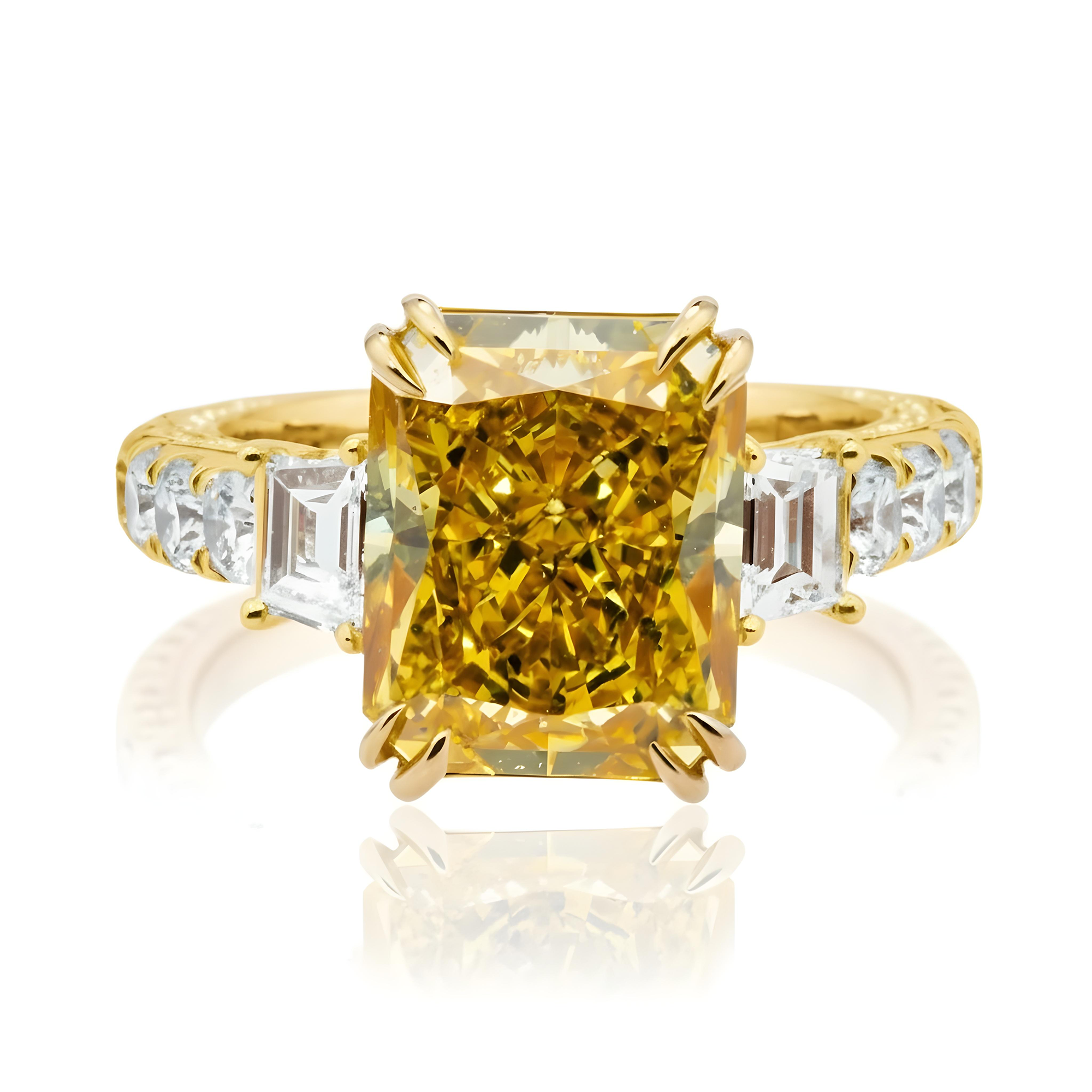 18K Two Tone 5.75ct Radiant Fancy Yellow Diamond Ring 7.15ctw