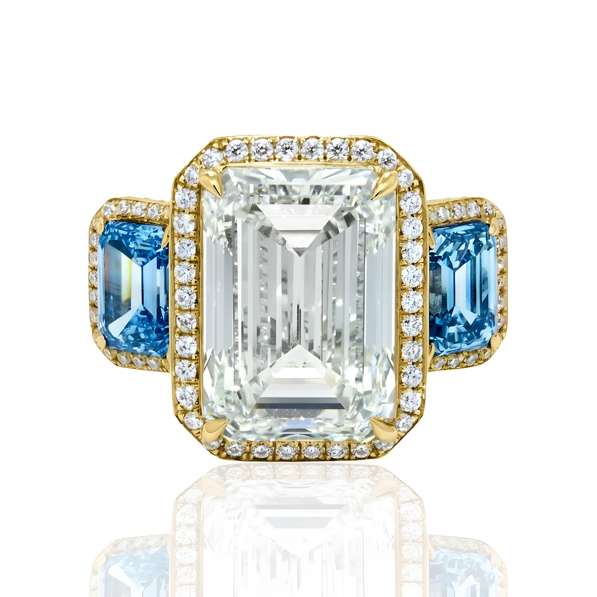 Platinum 10.0ct Emerald Cut White & Fancy Blue Triple Diamond Ring 13.83ctw