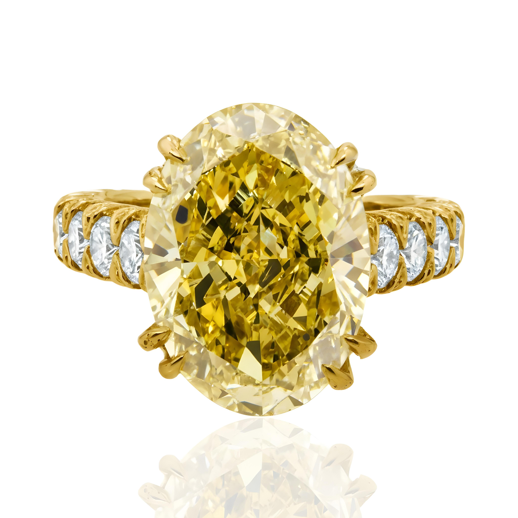 18K White Gold 11.57ct Oval Cut Fancy Yellow Diamond Ring 13.67ctw
