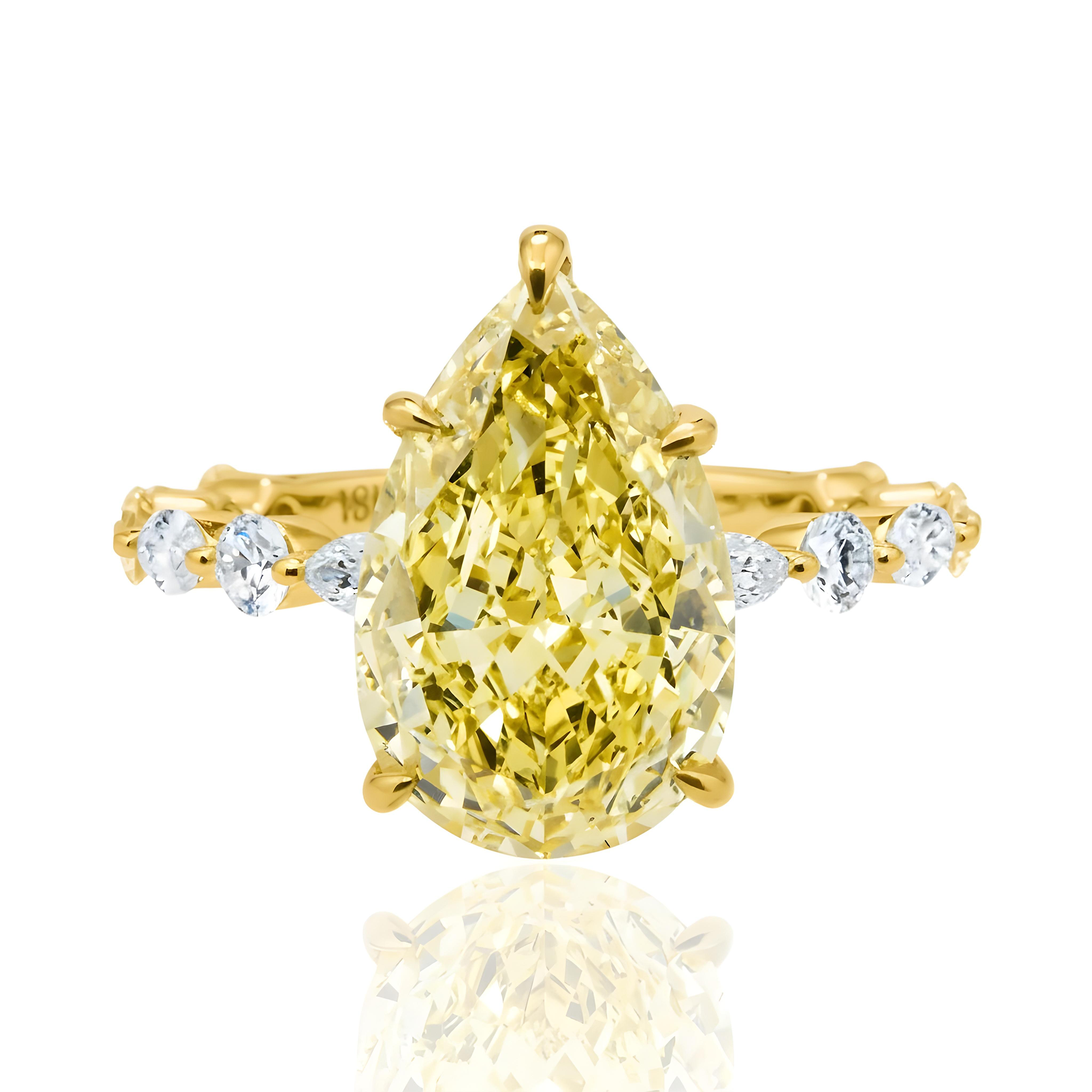18K White Gold 5.44ct Pear Fancy Yellow Diamond Ring 6.49ctw