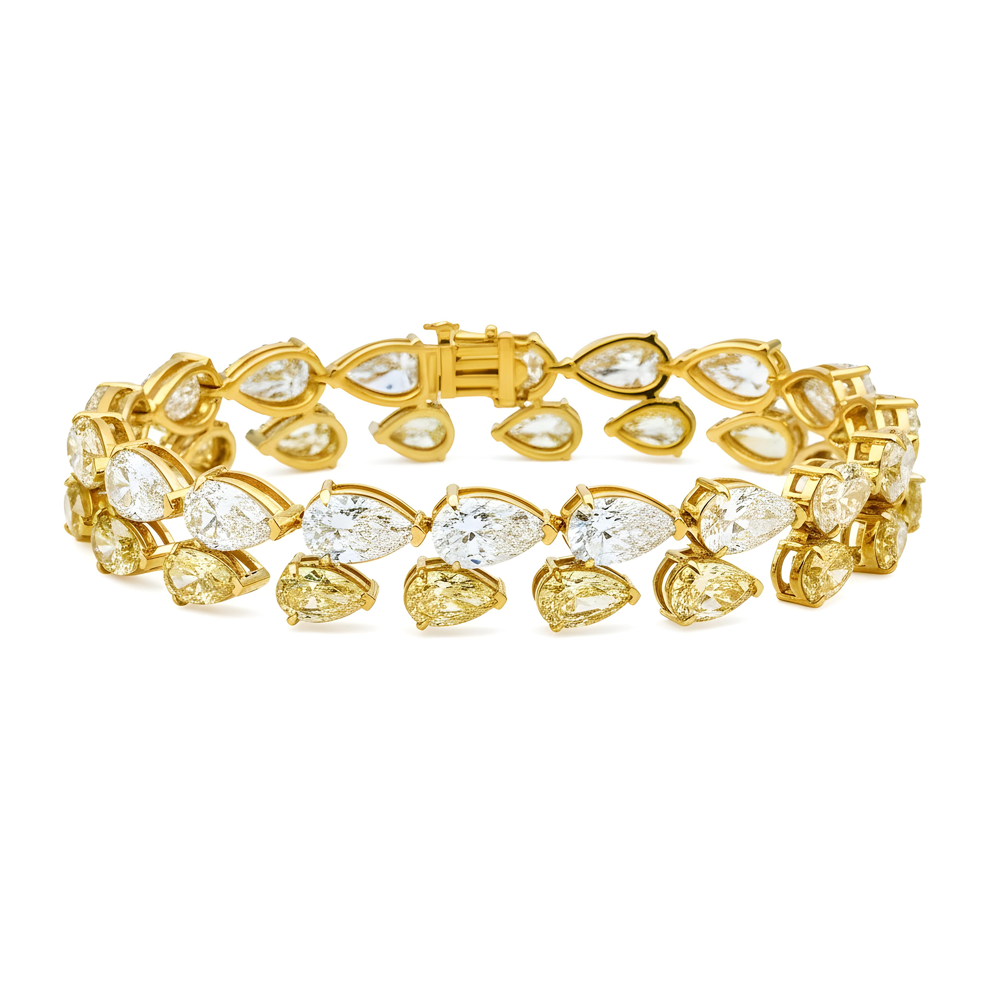 14K Two Tone Pear Cut Fancy Yellow & White Diamond Bracelet 33.38ct