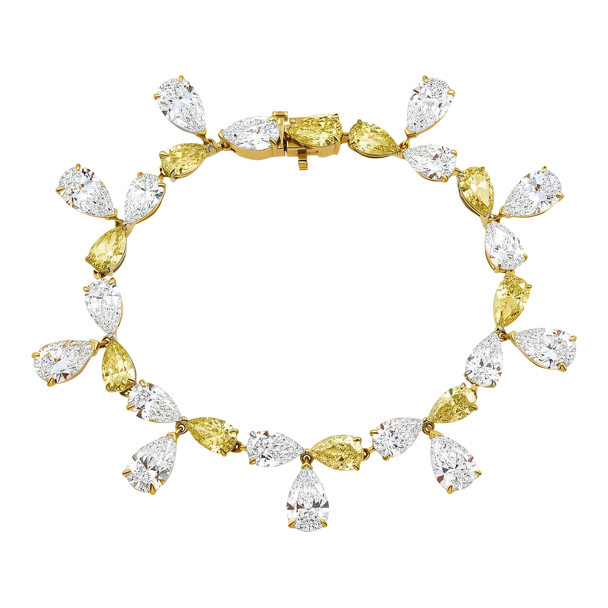 14K Two Tone Pear Cut White & Fancy Yellow Diamond Dangle Bracelet 33.63ct