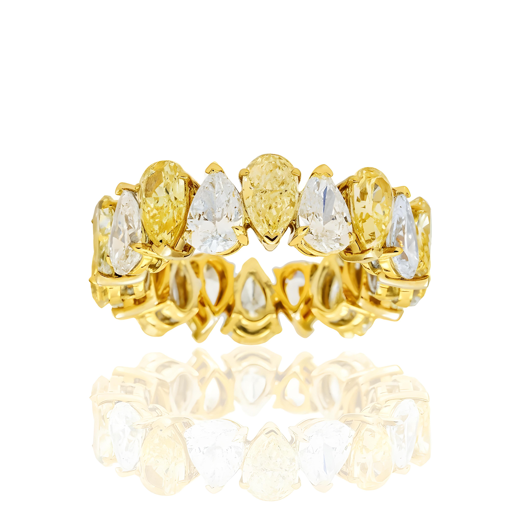 14K Two Tone Pear Cut Fancy Yellow & White Diamond Eternity Ring 8.31ct