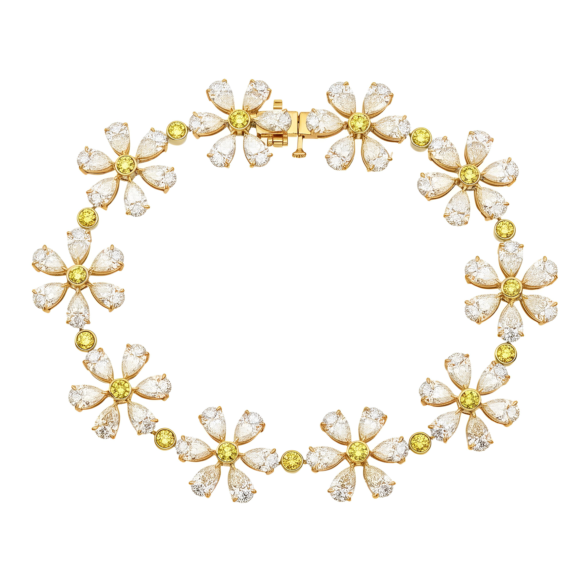 14K Two Tone Multi Cut Fancy Yellow & White Diamond Flower Bracelet 16.52ct
