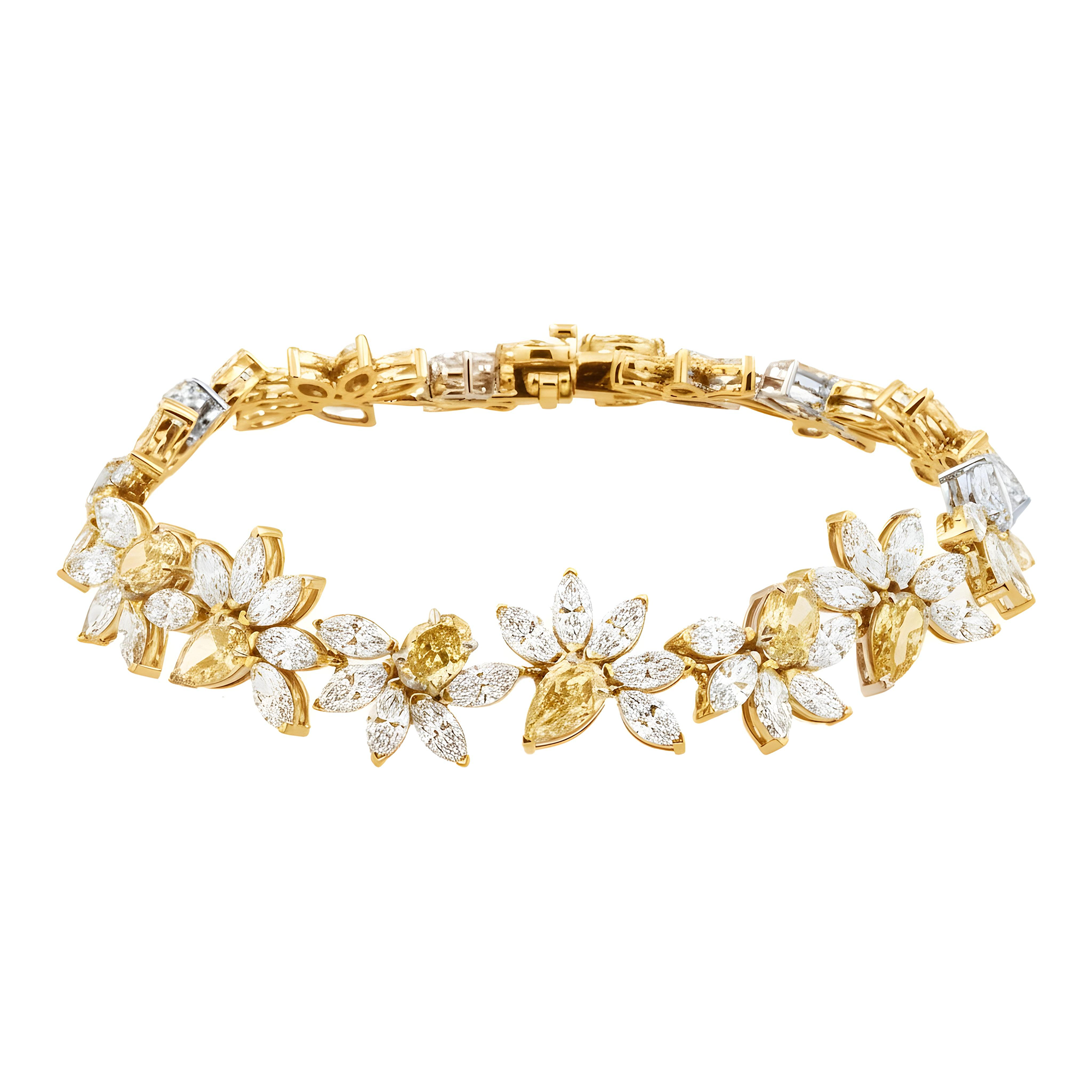 14K Two Tone Multi Cut Fancy Yellow & White Diamond Rose Bud Bracelet 26.54ct
