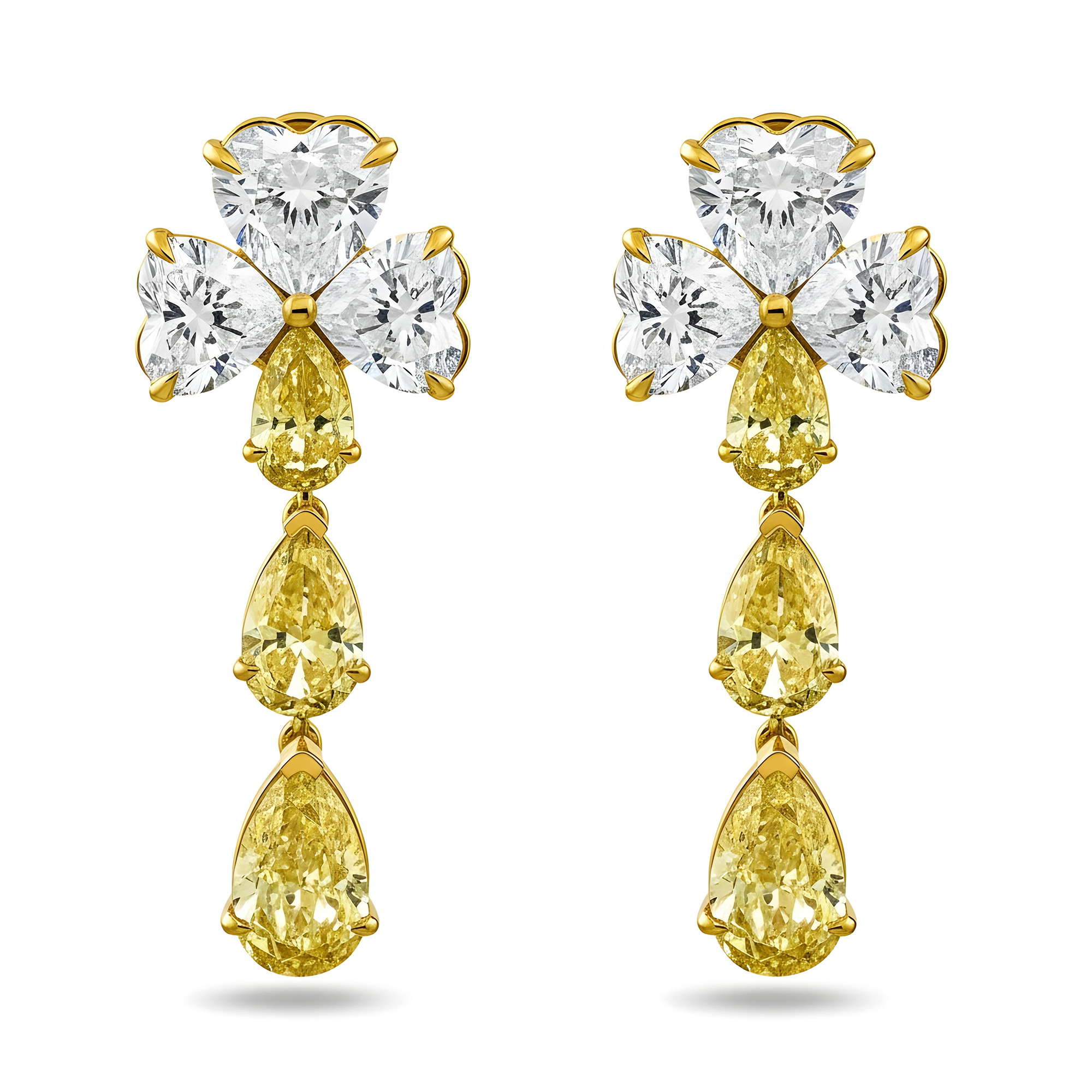 IGI 14K Two Tone White & Fancy Yellow Heart & Pear Diamond Earrings 13.72ct