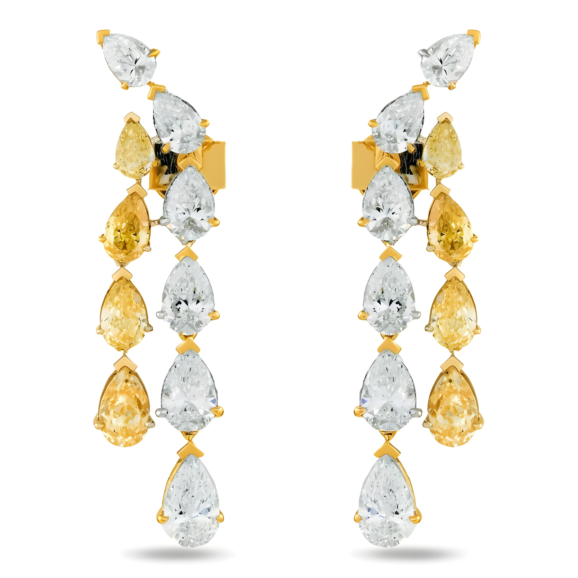 IGI 14K Two Tone Pear Cut Fancy Yellow & White Diamond Drop Earrings 14.32ctw