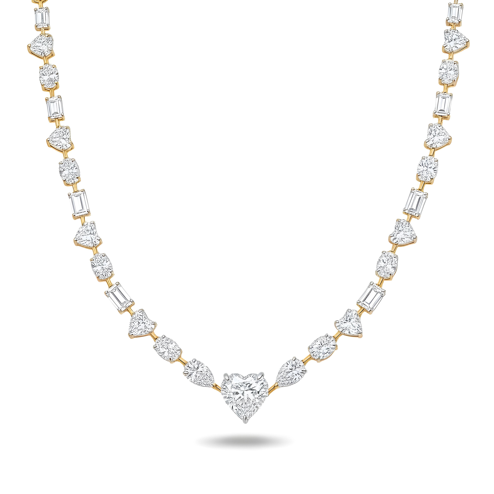 IGI 14K White Gold Heart, Oval & Emerald Cut Diamond Necklace 42.56ct