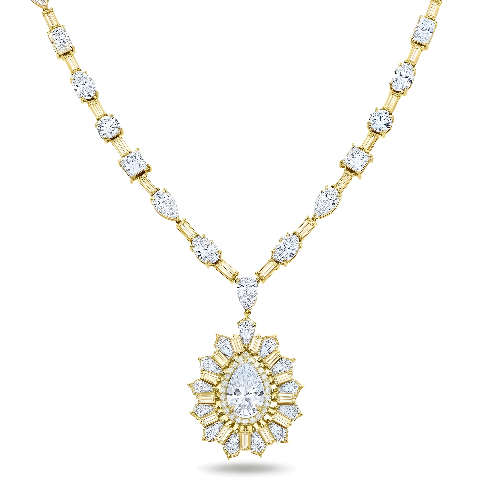 14K White Gold Multi Cut Diamond Goddess Drop Necklace 47.55ct (matching set)