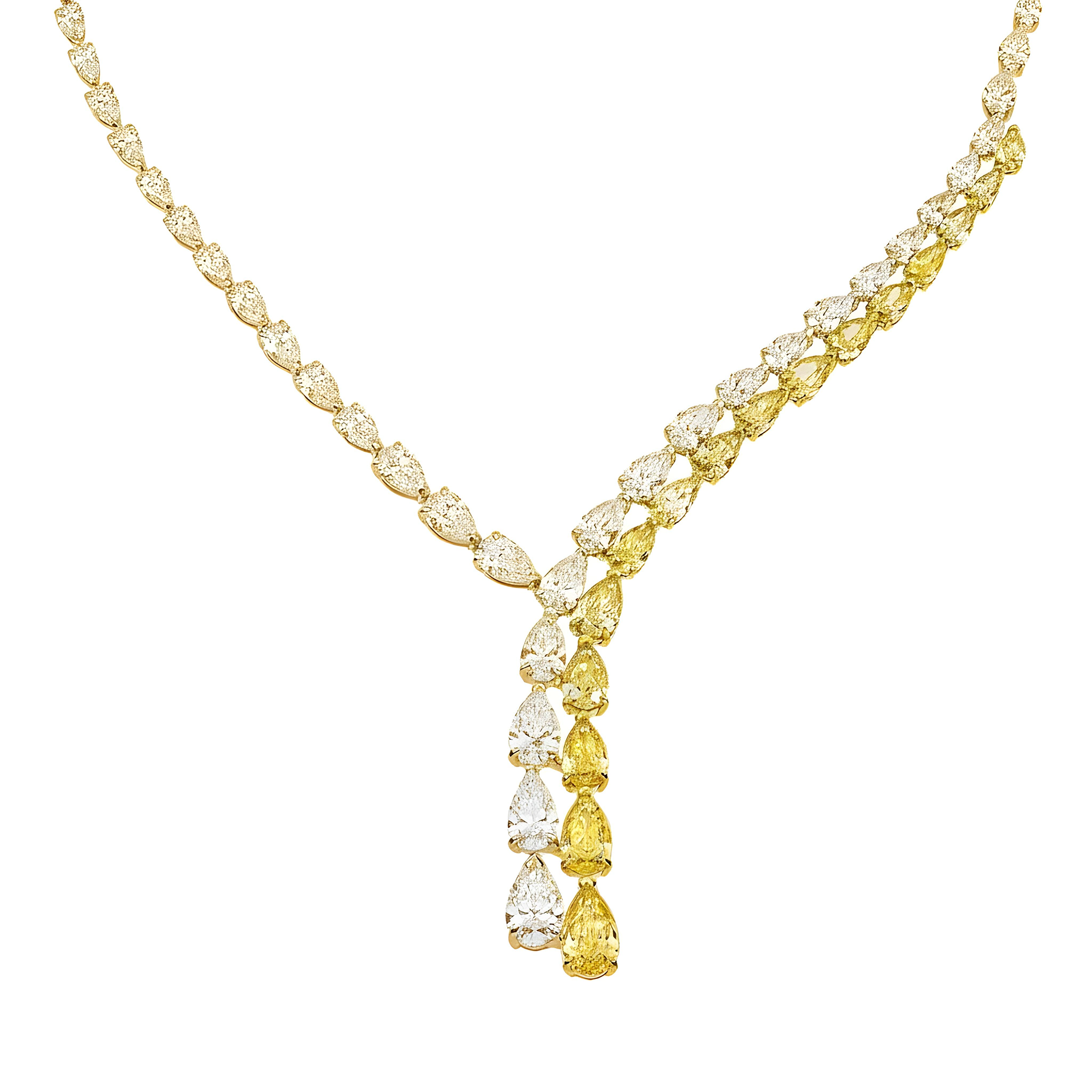 14K Two Tone Pear Cut Fancy Yellow Diamond Drop Necklace 35.20ct