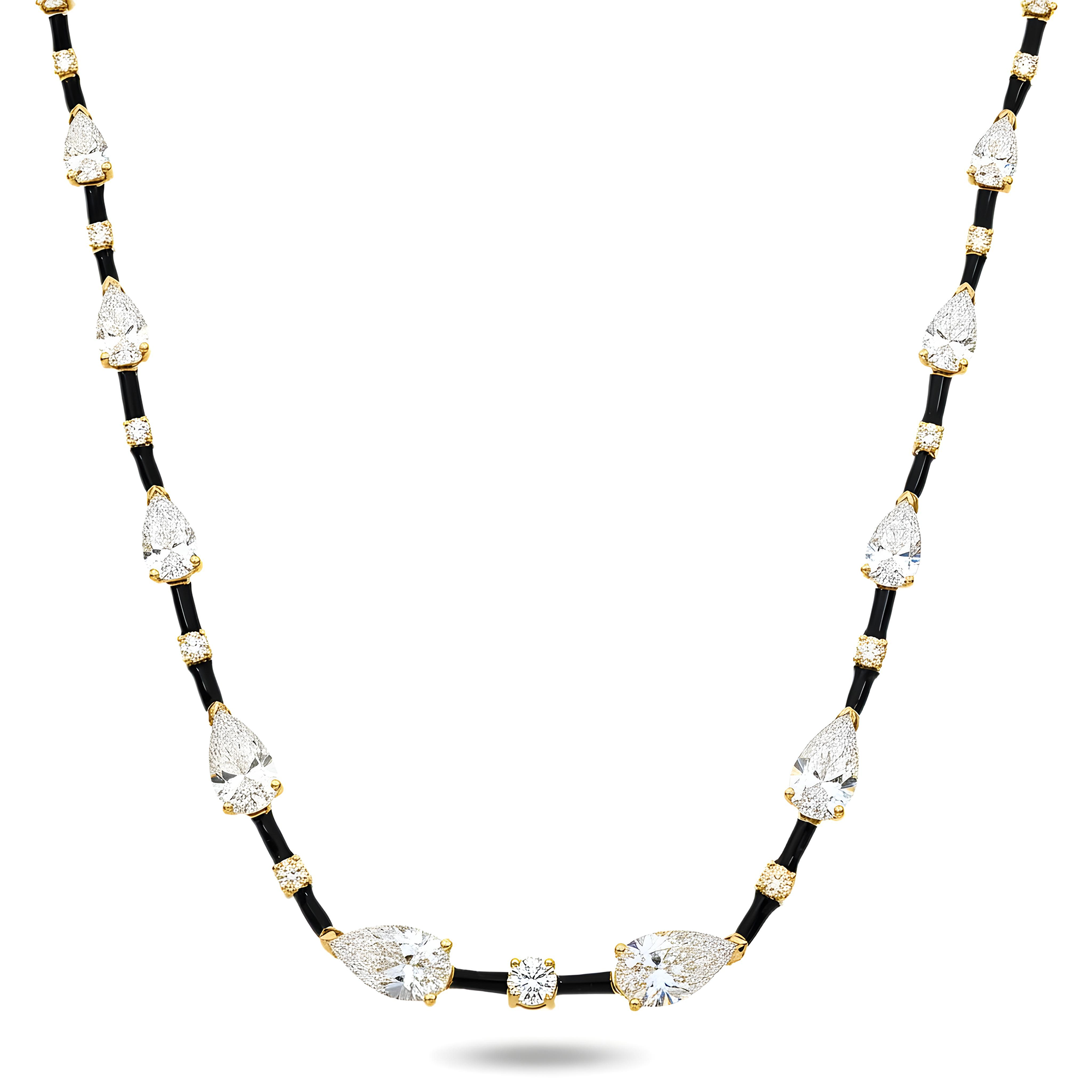 14K White Gold Pear & Round Cut Black Enamel Chain Necklace 15.06ct
