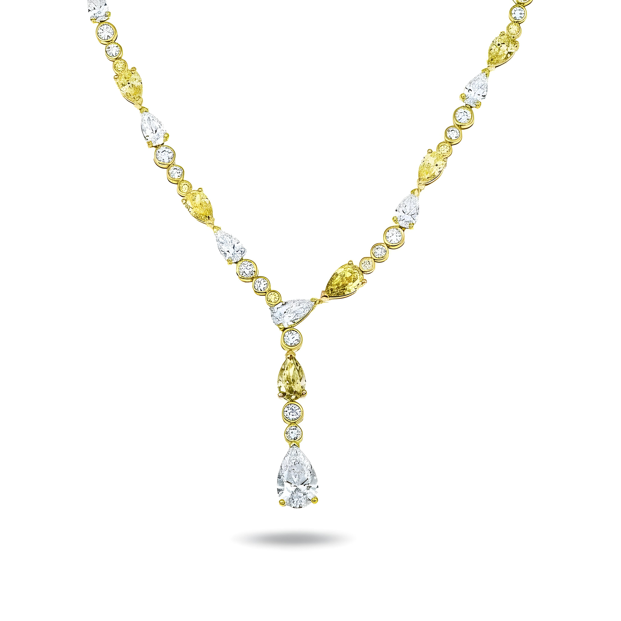 14K White Gold White & Fancy Yellow Diamond Drop Necklace 19.96ct
