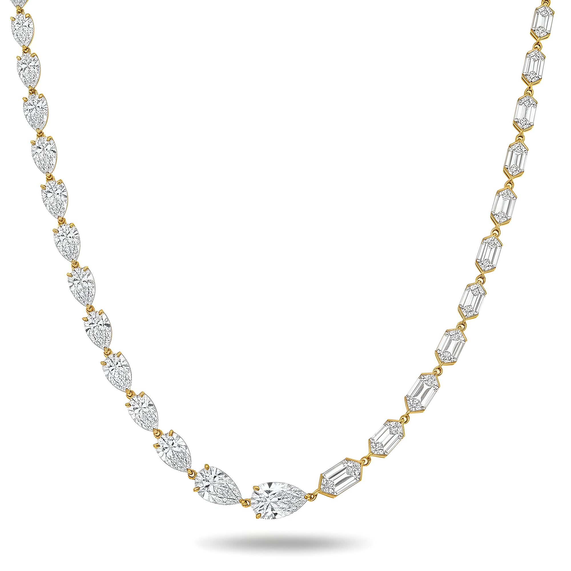 14K White Gold Step Cut Hexagon & Pear Diamond Chain 33.26ct