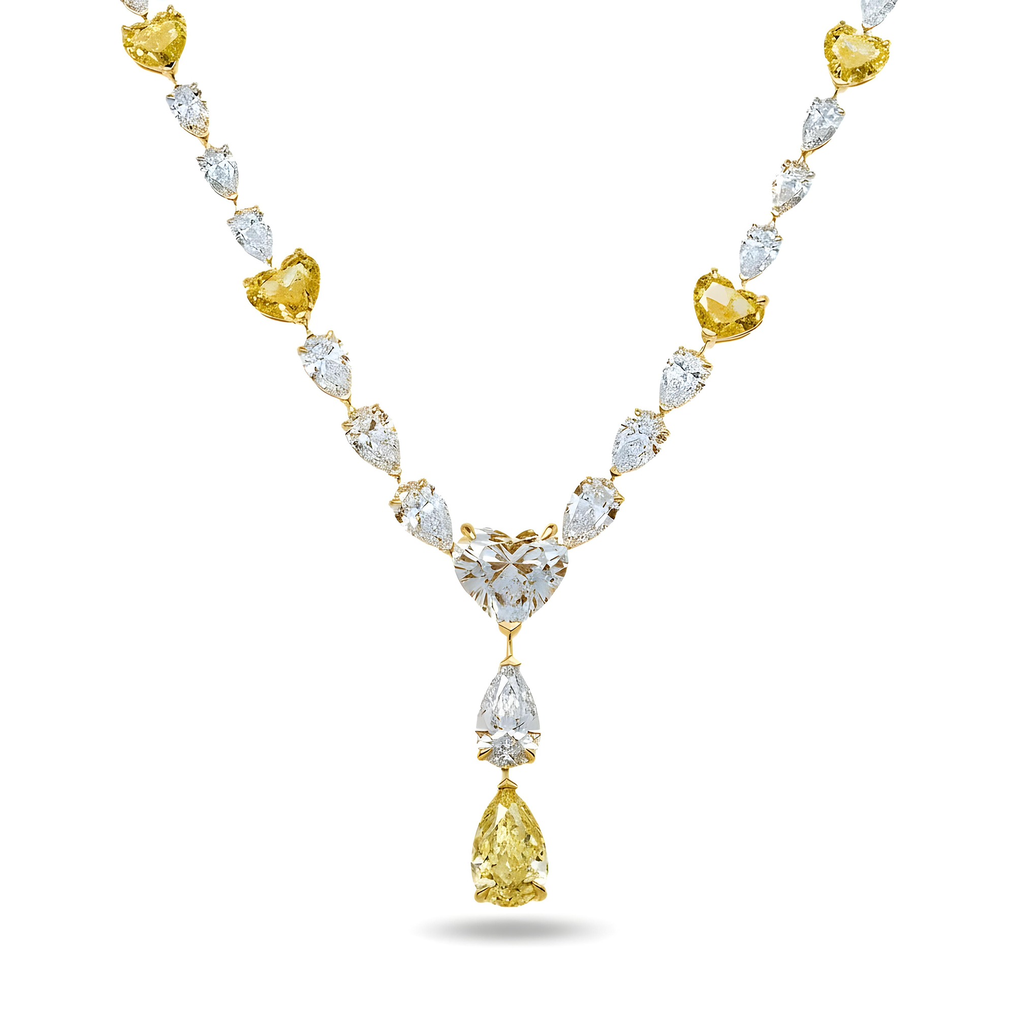 IGI 14K Two Tone Fancy Intense Yellow & White Diamond Drop Necklace 33.73ct