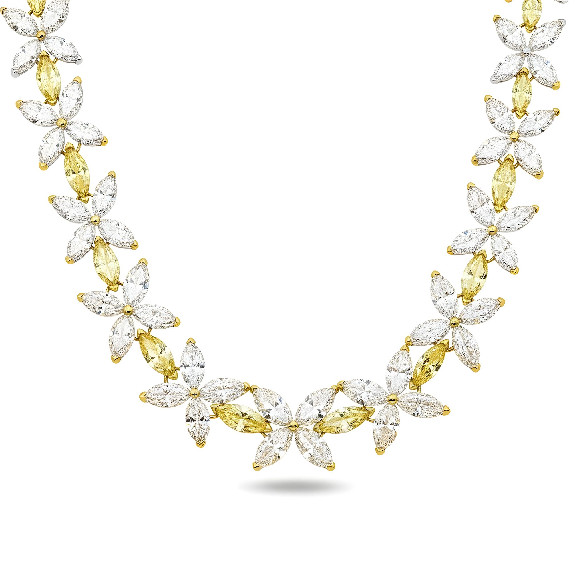 14K Two Tone Marquise Cut Diamond Flower Necklace 57.09ct
