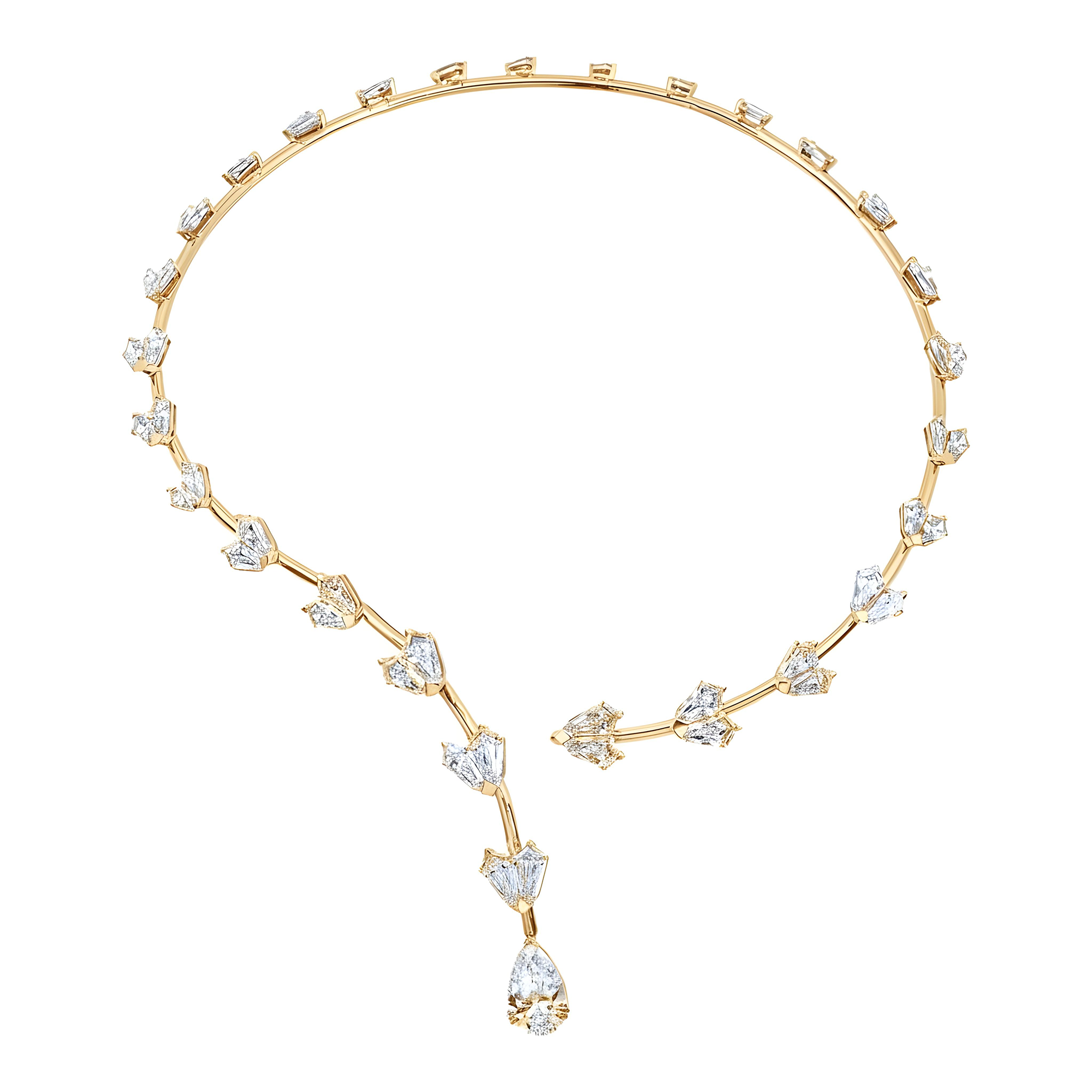 14K White Gold Pear & Step Cut Kite Diamond Satellite Drop Necklace 33.10ct