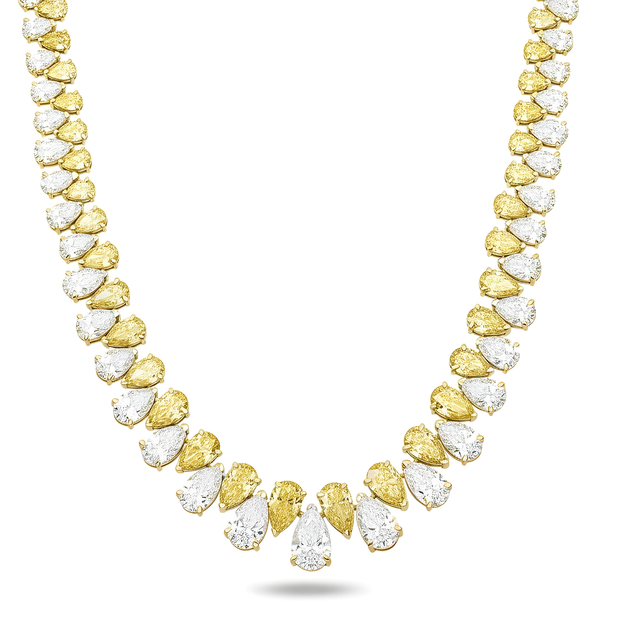 14K Two Tone Graduated Pear Cut Fancy Yellow & White Diamond Chain 45.77ct