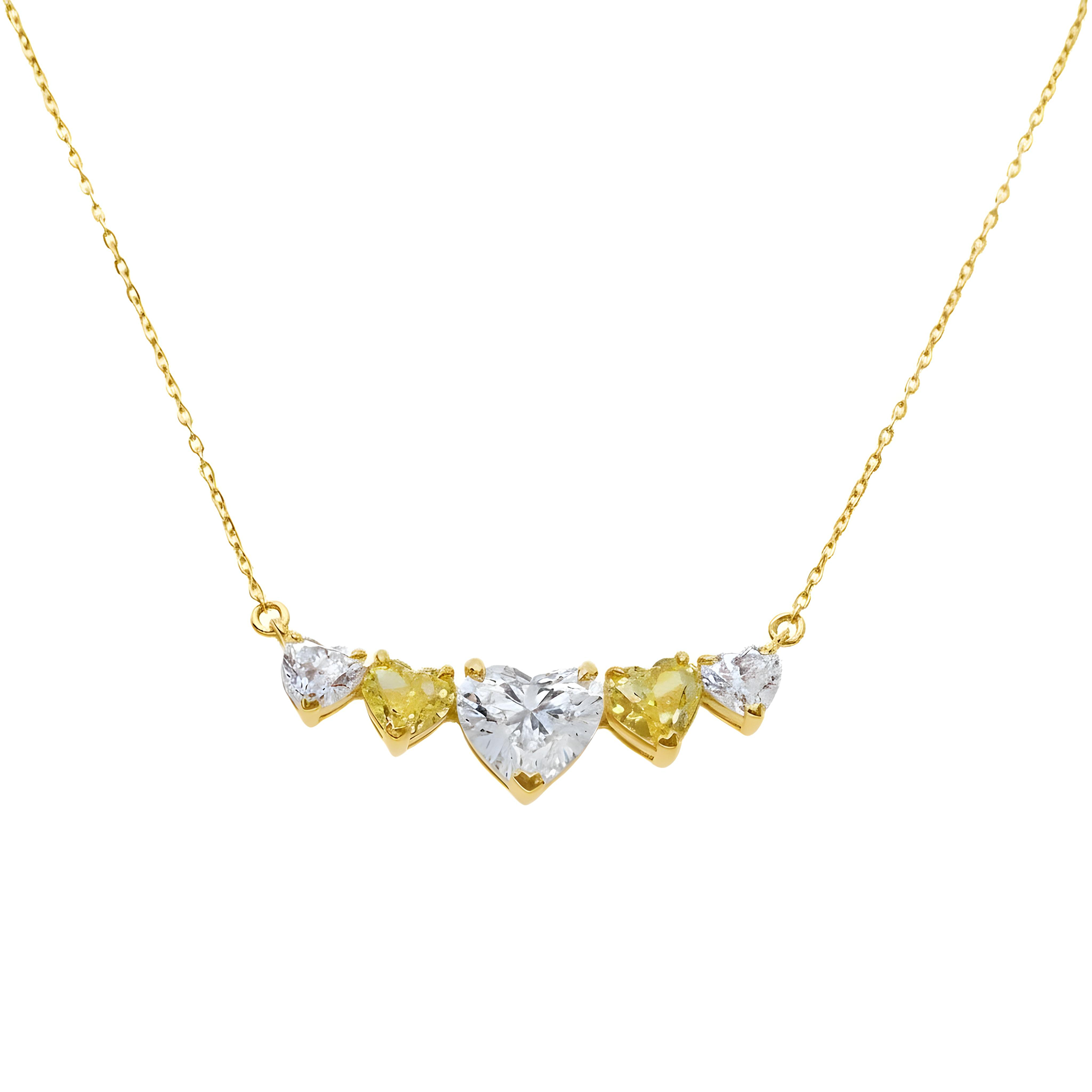 14K Two Tone Heart Cut White & Fancy Yellow Diamond Bar Necklace 3.20ct