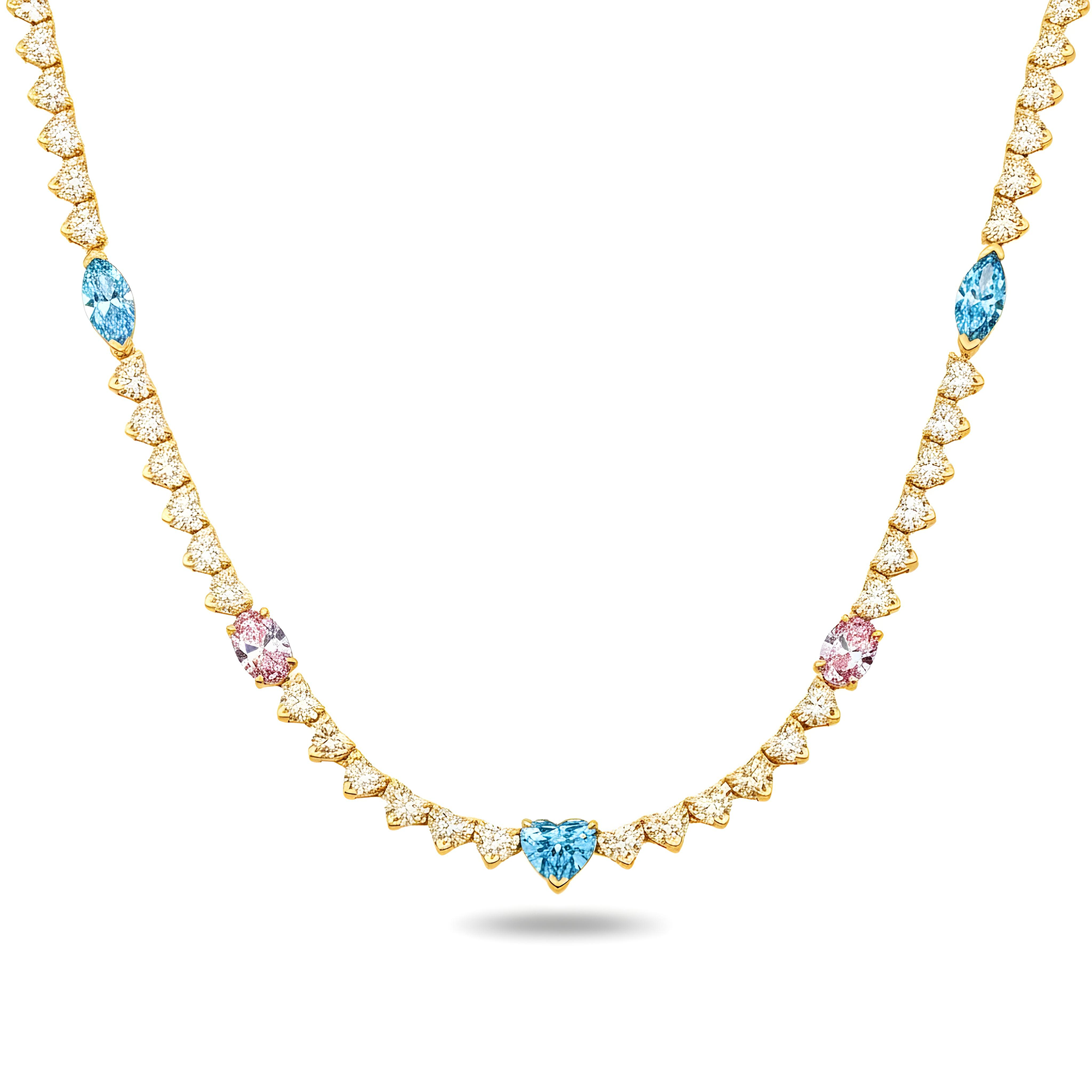 14K White Gold Multi Cut Fancy Pink & Blue Diamond Tennis Chain 28.40ct