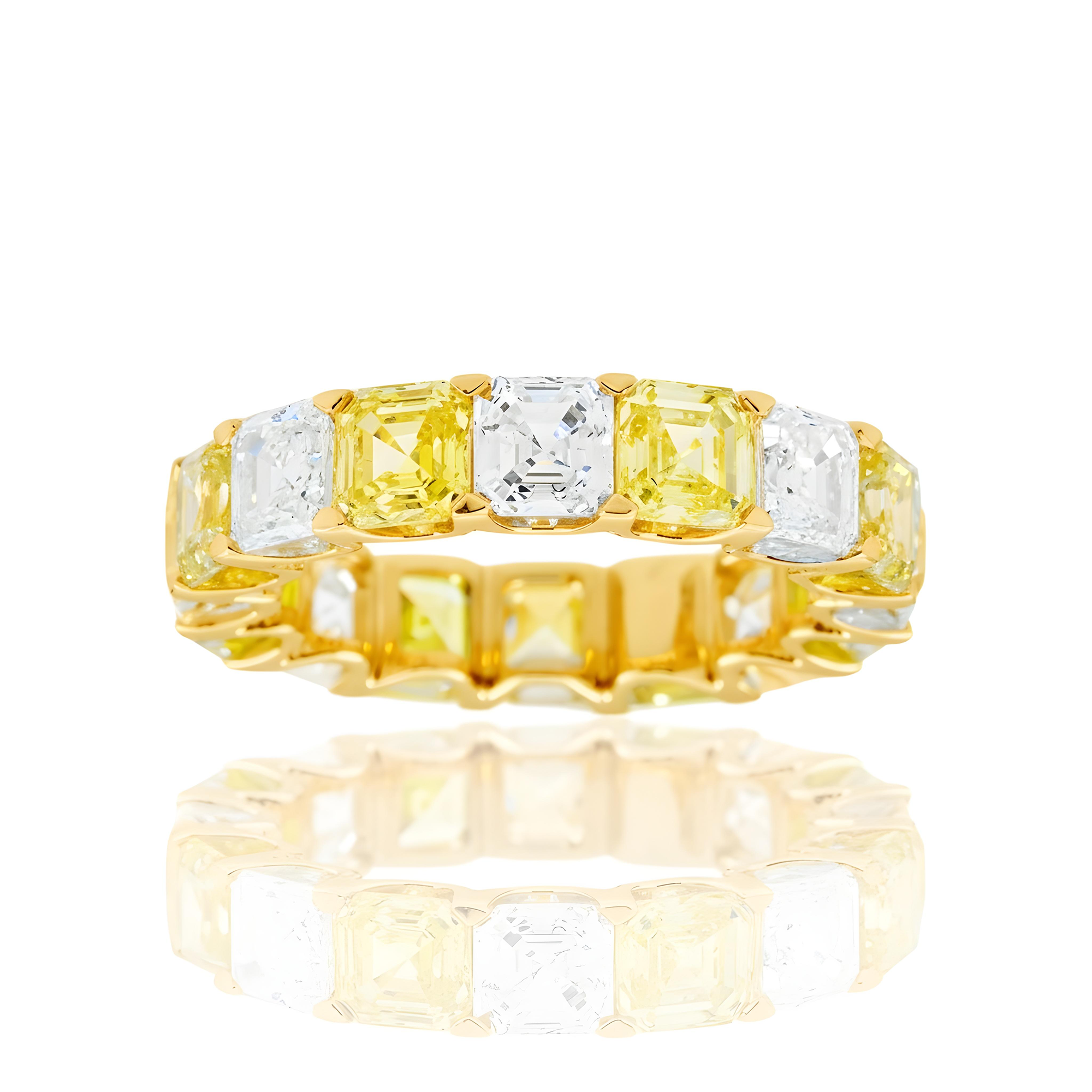 14K White Gold Asscher Cut Fancy Yellow & White Diamond Eternity Ring 8.21ct (Size 6.5)