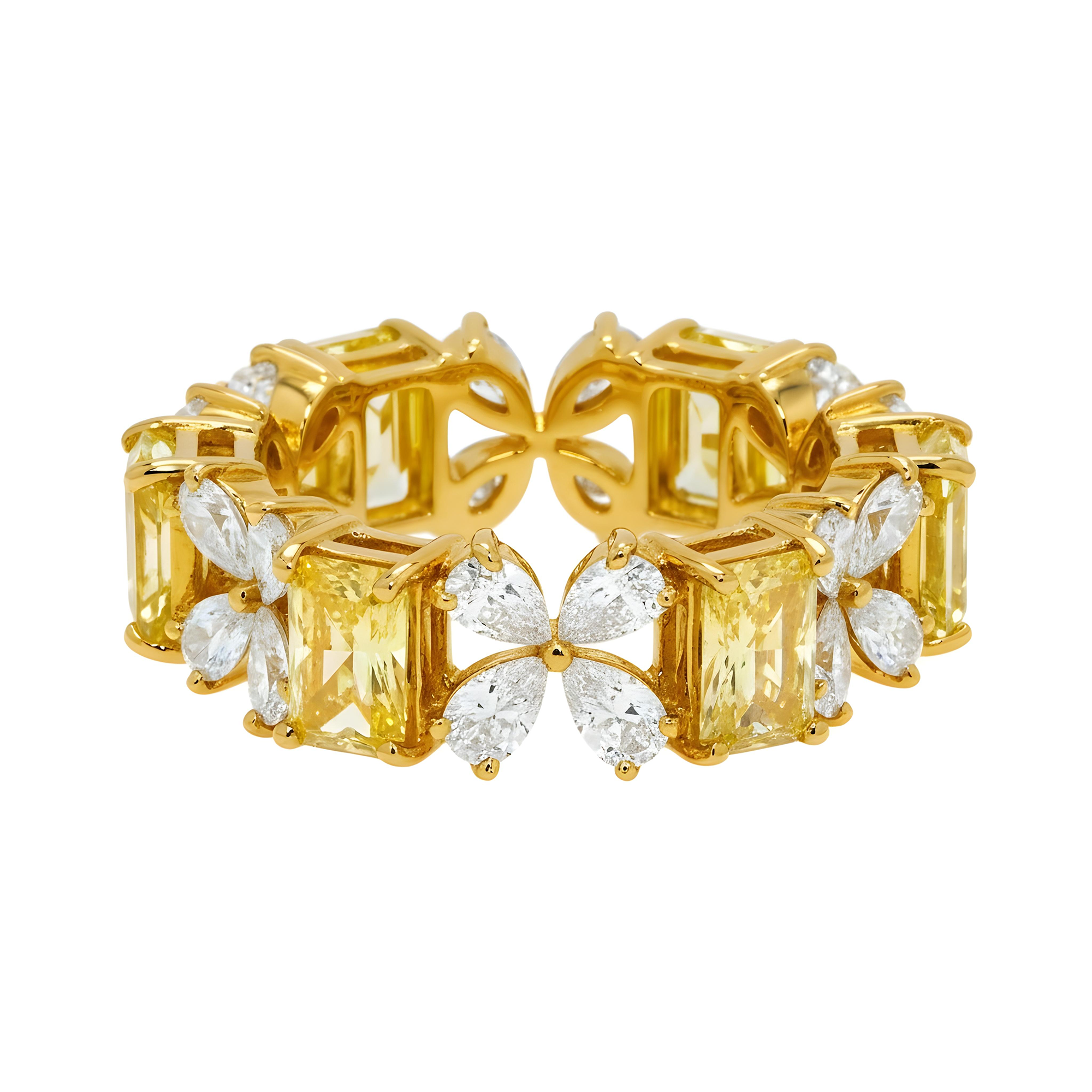 14K Two Tone Fancy Yellow Radiant & Pear Cut Diamond Blooming Eternity Ring 5.68ct