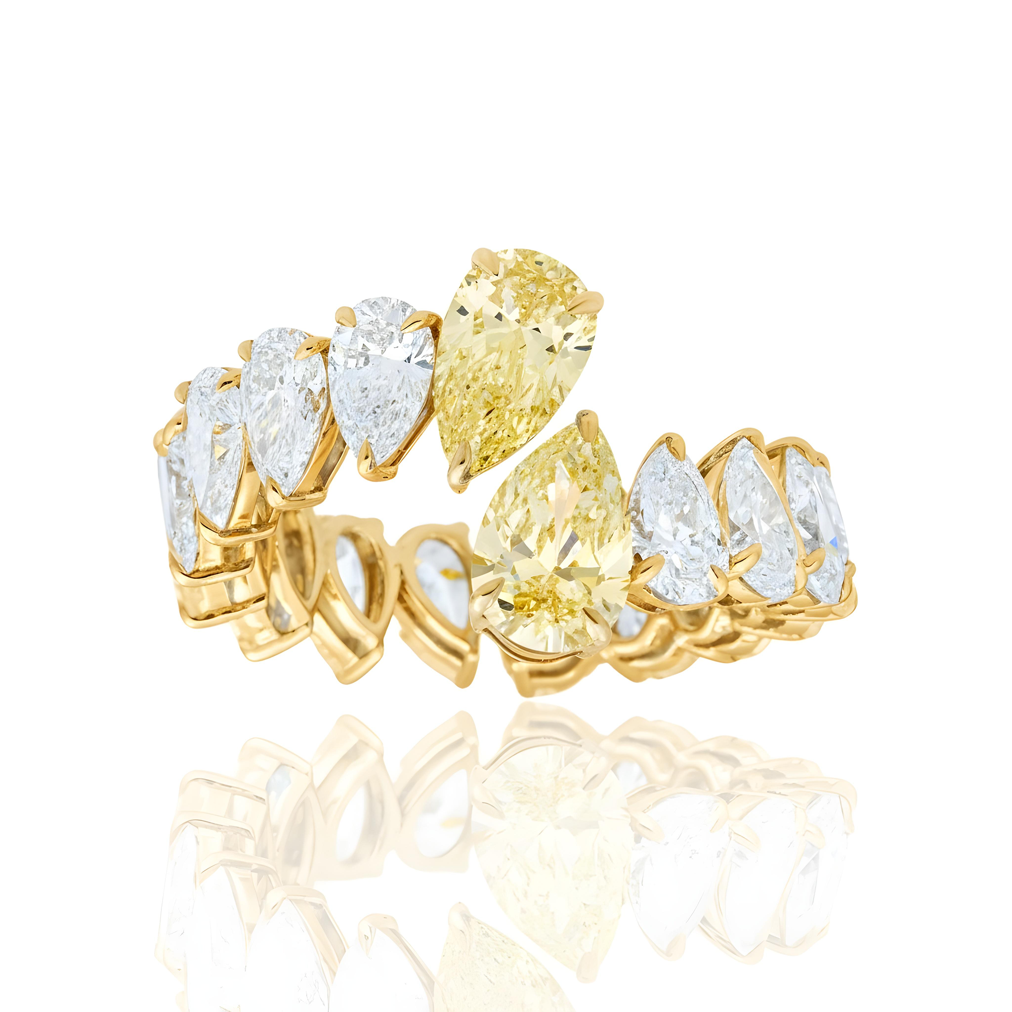 14K Two Tone Pear Cut Fancy Yellow & White Diamond Wrap Ring 6.82ct