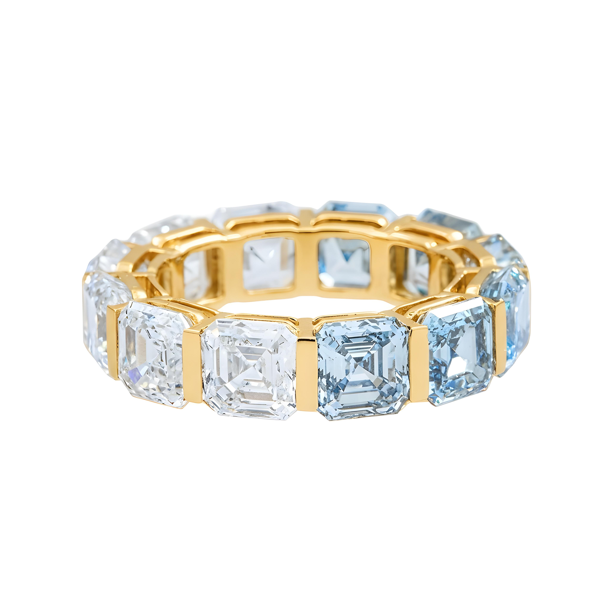 14K White Gold Asscher Cut Fancy Blue & White Diamond Eternity Ring 12.38ct (Size 6)