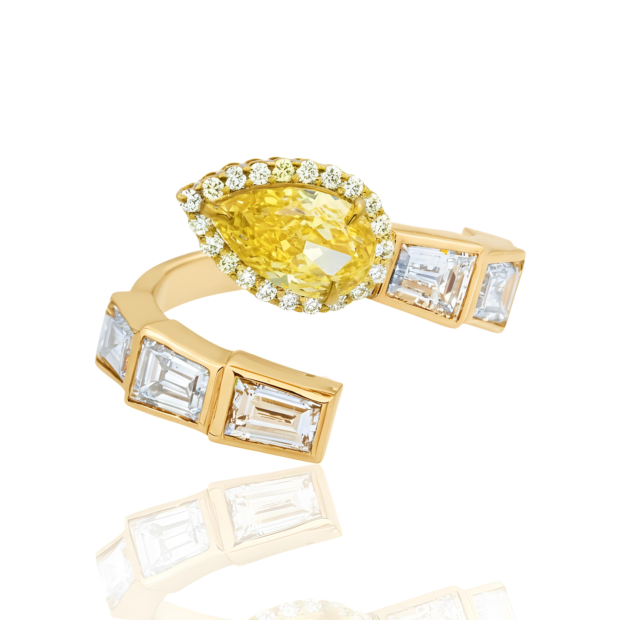 14K Two Tone Multi Cut Fancy Yellow & White Diamond Wrap Ring 4.06ct