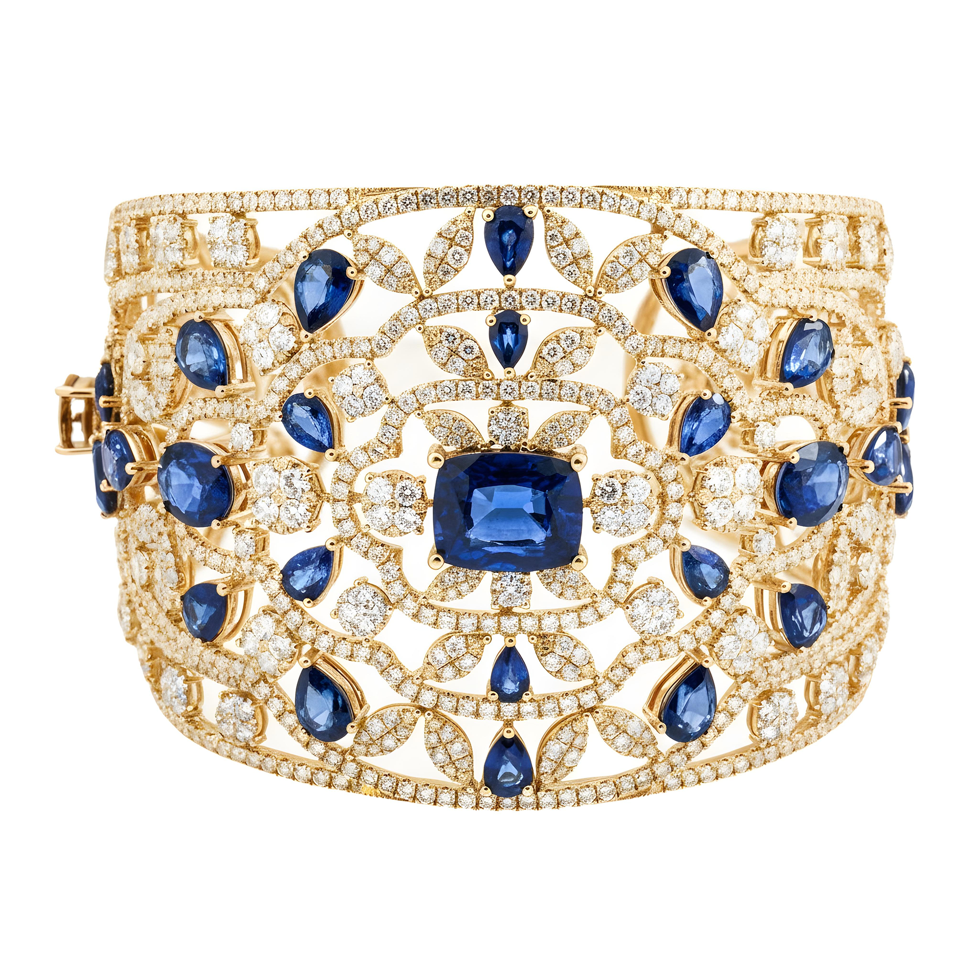 14K White Gold Round Diamond & Multi Cut Sapphire Cuff Bangle Bracelet 56.37ctw