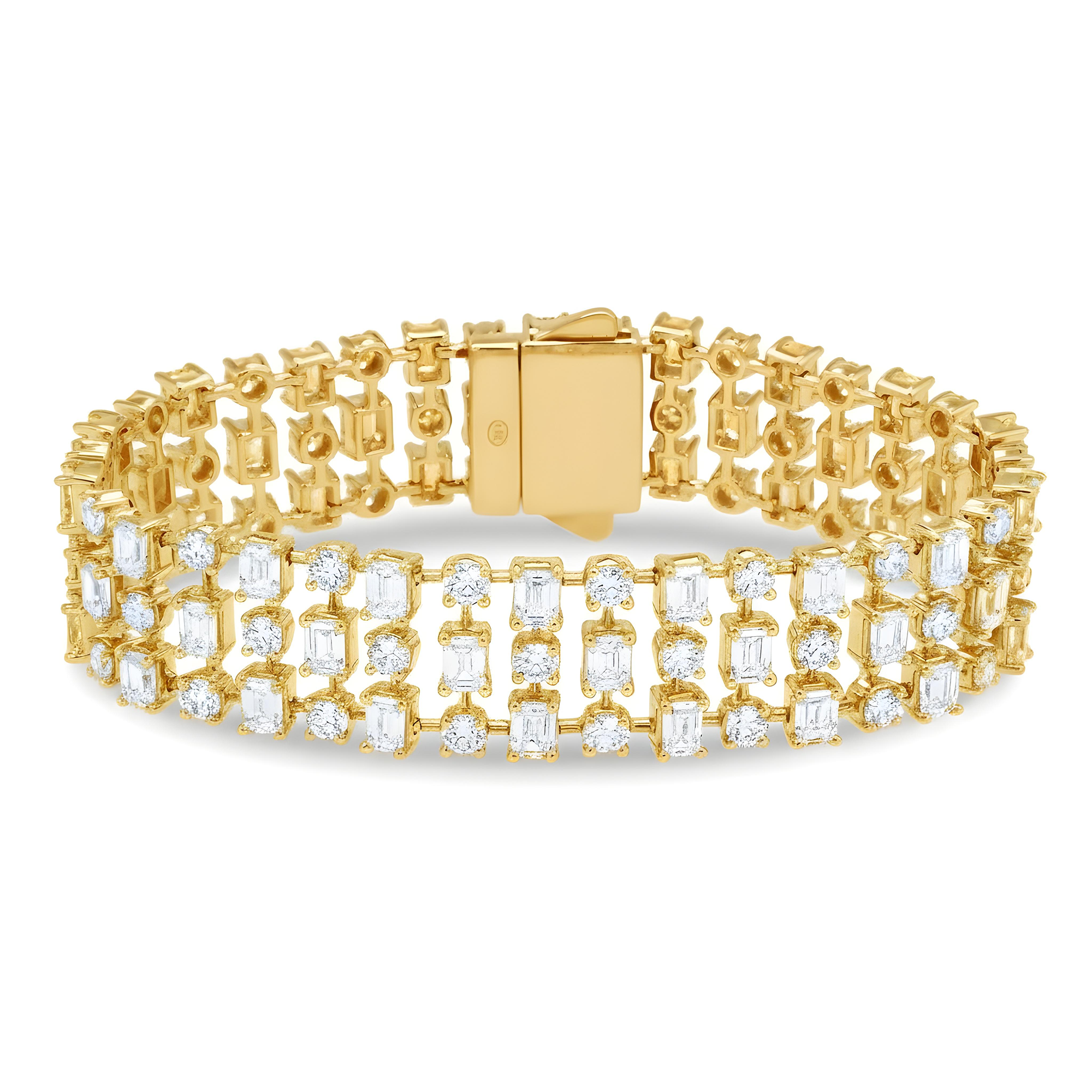 18K White Gold Round & Emerald Cut Triple Row Diamond Bracelet 19.95ctw