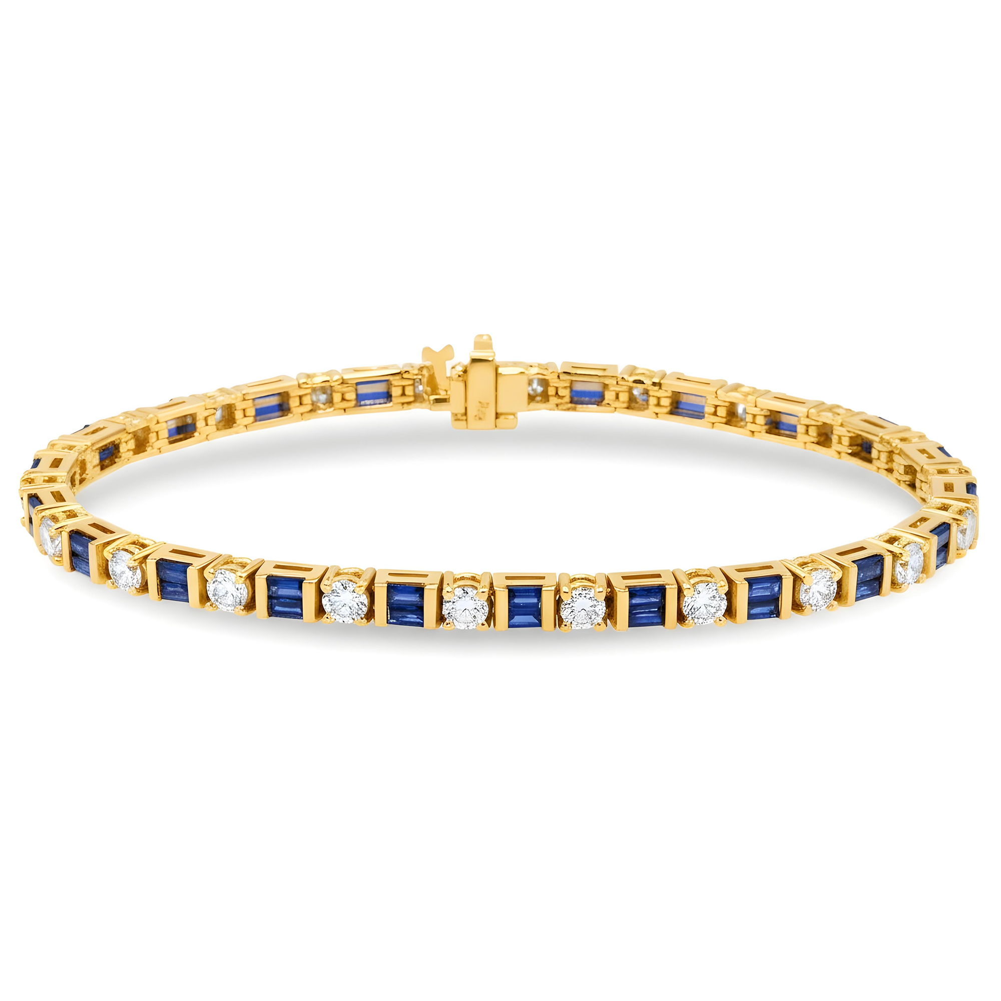 14K White Gold Baguette Cut Sapphire & Round Diamond Bracelet 5.82ctw