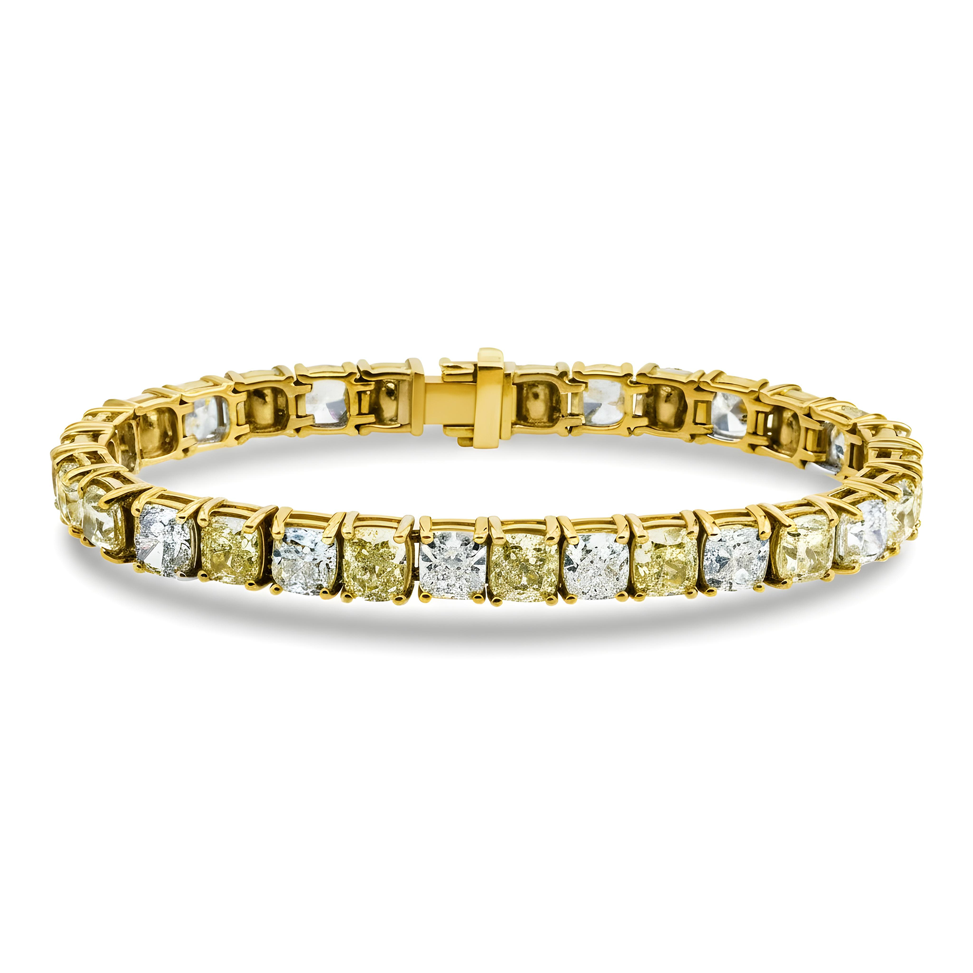 18K Two Tone Fancy Light Yellow & White Cushion Cut Diamond Tennis Bracelet 31.02ct