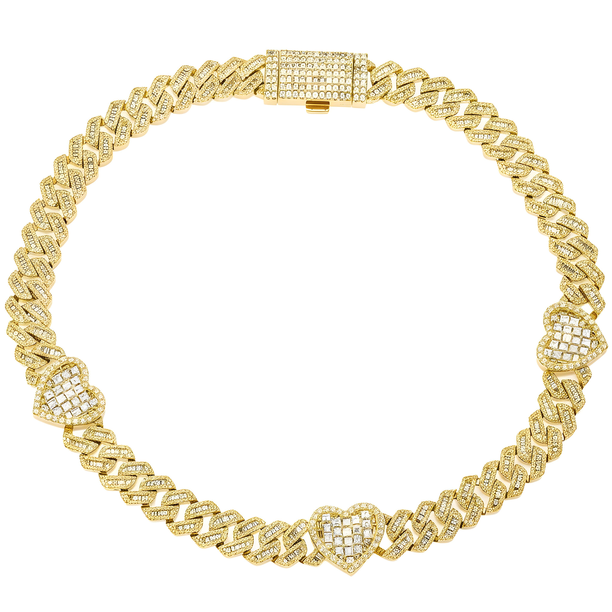10K White Gold 13mm Asscher, Baguette & Round Diamond Triple Heart Cuban Link Chain 26.11ct