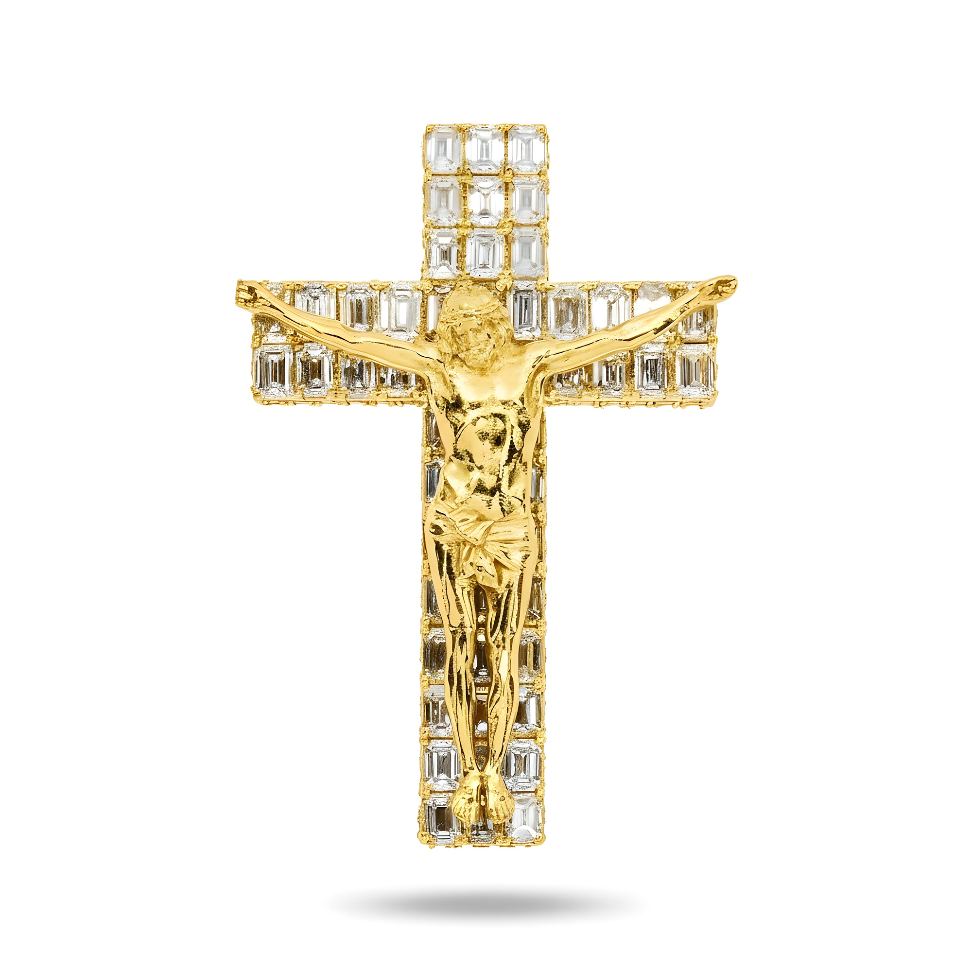 14K White Gold Emerald & Round Diamond Jesus Cross Pendant 9.82ct